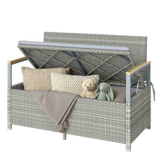 ComfortXL - Banc coffre rangement extérieur 170L résine tressée acacia 2 places coussin gris clair - ComfortXL Outdoor Living - Image 2