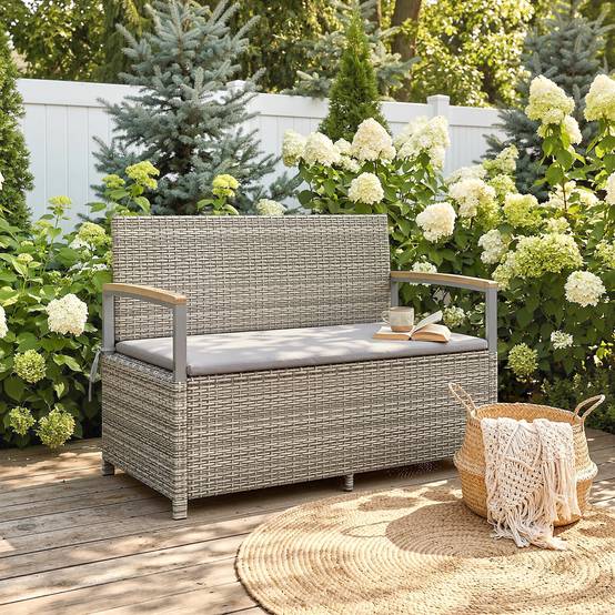 ComfortXL - Banc coffre rangement extérieur 170L résine tressée acacia 2 places coussin gris clair - ComfortXL Outdoor Living - Image 4