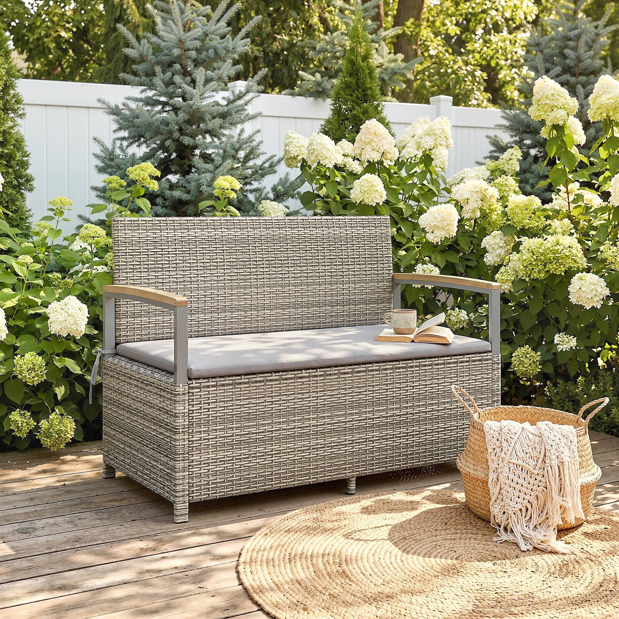 ComfortXL - Banc coffre rangement extérieur 170L résine tressée acacia 2 places coussin gris clair - ComfortXL Outdoor Living - Image 4