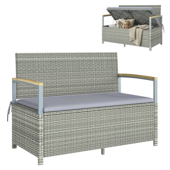 ComfortXL - Banc coffre rangement extérieur 170L résine tressée acacia 2 places coussin gris clair - ComfortXL Outdoor Living - Image 1