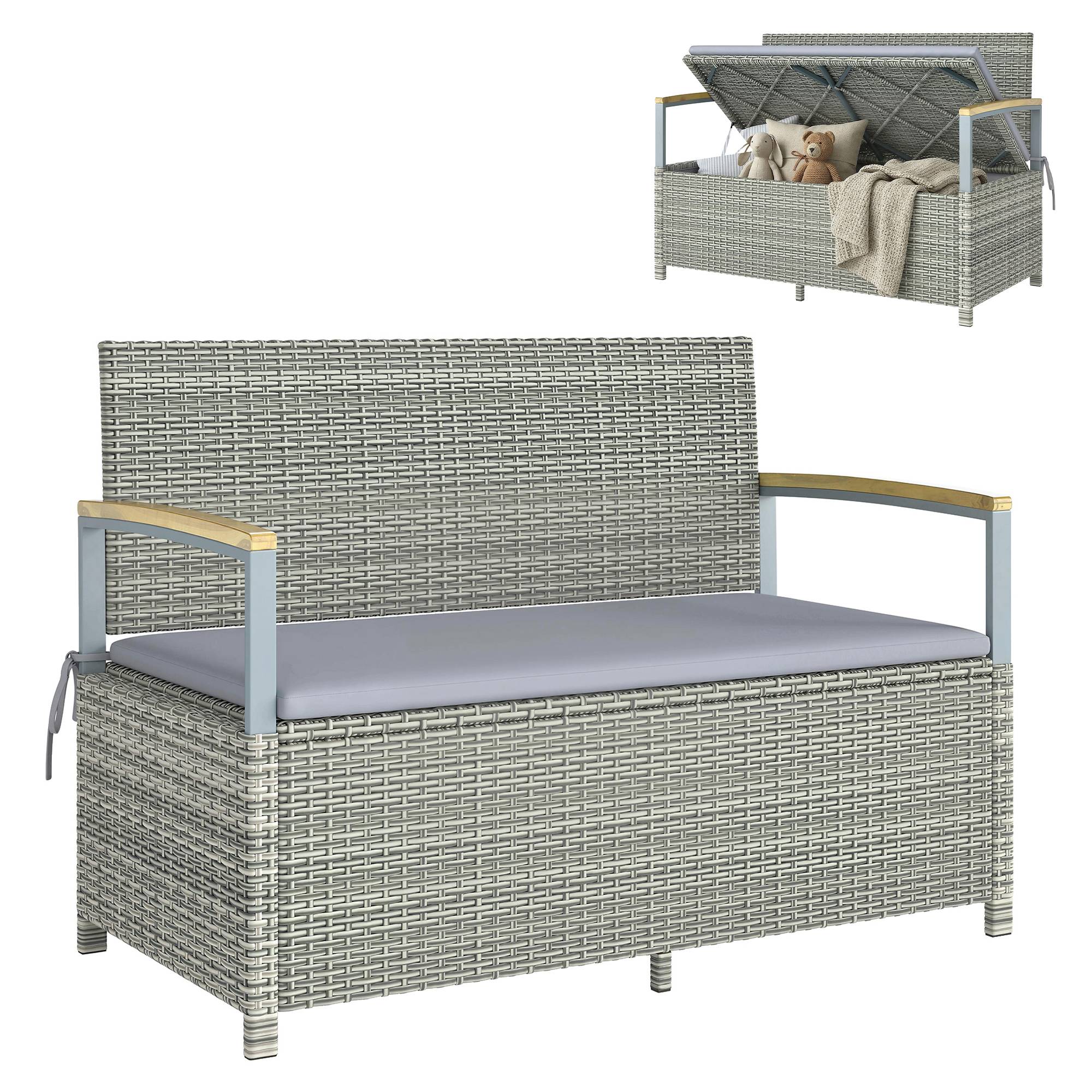 ComfortXL - Banc coffre rangement extérieur 170L résine tressée acacia 2 places coussin gris clair - ComfortXL Outdoor Living
