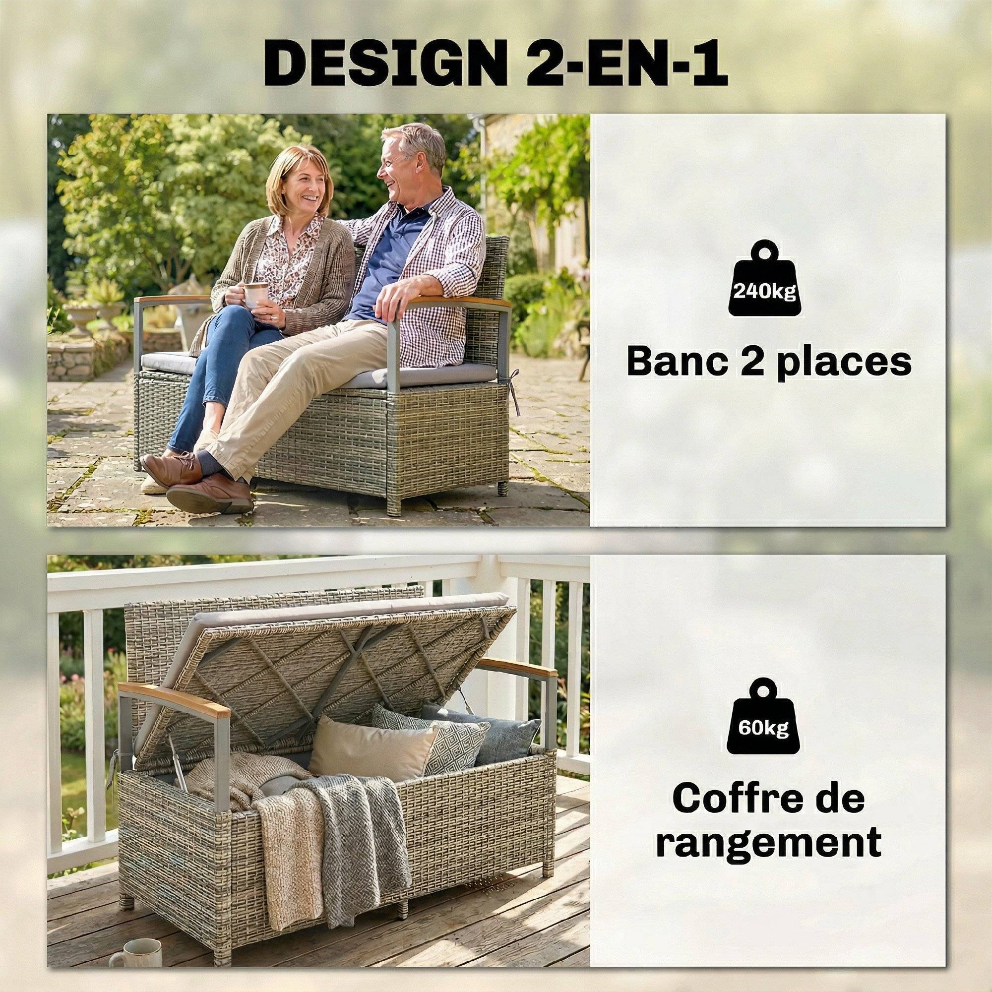 ComfortXL - Banc coffre rangement extérieur 170L résine tressée acacia 2 places coussin gris clair - ComfortXL Outdoor Living - Image 6