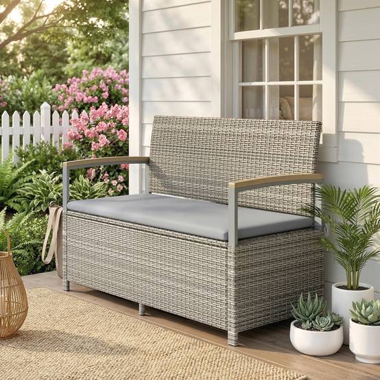 ComfortXL - Banc coffre rangement extérieur 170L résine tressée acacia 2 places coussin gris clair - ComfortXL Outdoor Living - Image 3