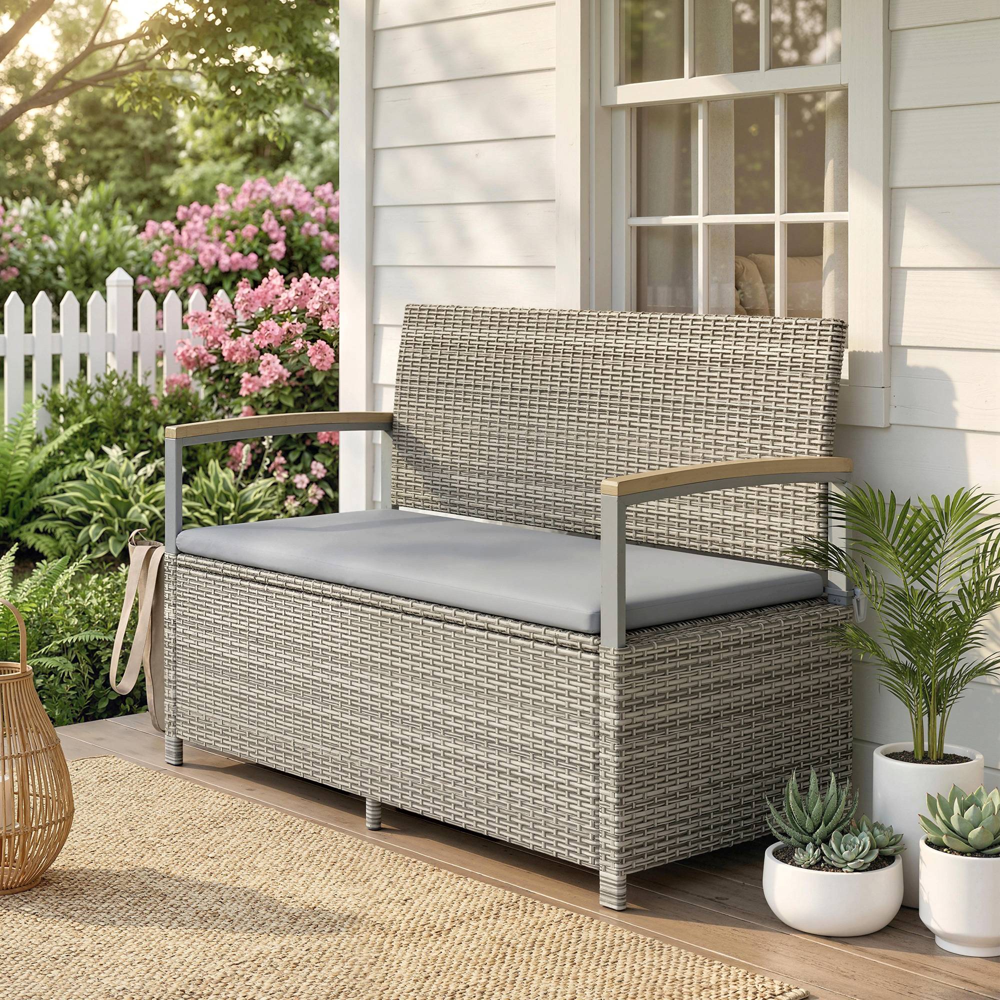 ComfortXL - Banc coffre rangement extérieur 170L résine tressée acacia 2 places coussin gris clair - ComfortXL Outdoor Living - Image 3
