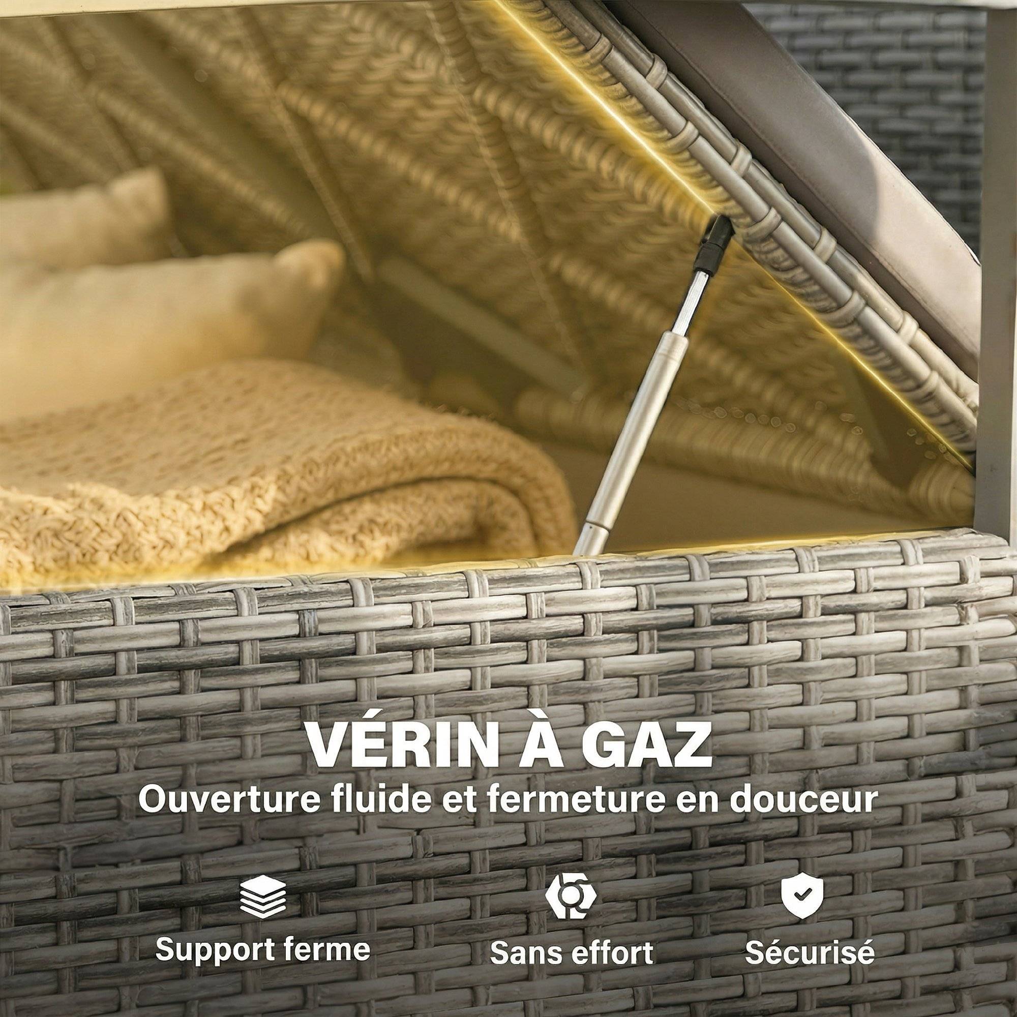 ComfortXL - Banc coffre rangement extérieur 170L résine tressée acacia 2 places coussin gris clair - ComfortXL Outdoor Living - Image 8