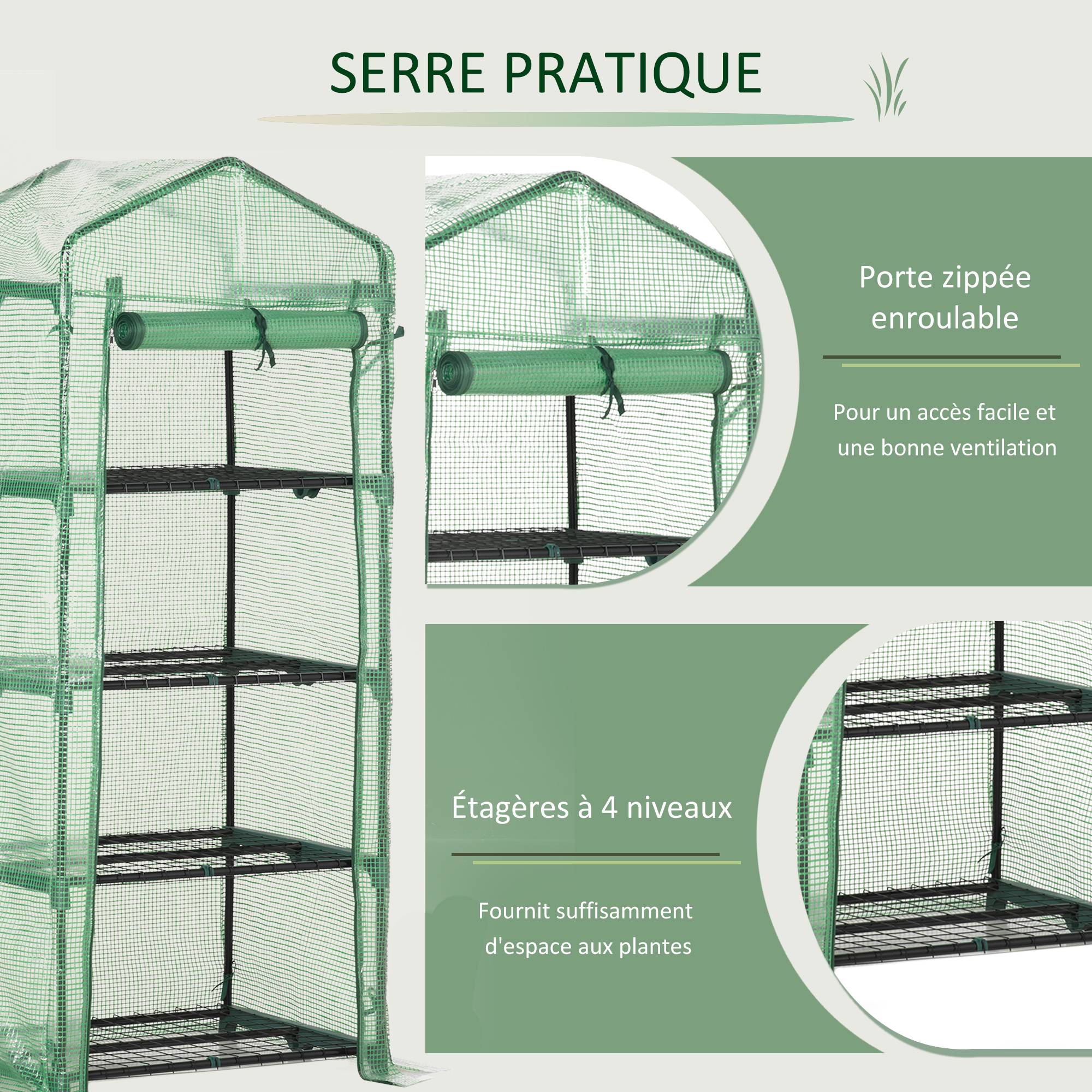 Serre de Jardin PE 70 x 50 x 160 cm avec Étagères 4 Niveaux, Bâche Renforcée 140 g/m², Structure en Acier, Porte Zippée Enroulable, Vert - Image 8
