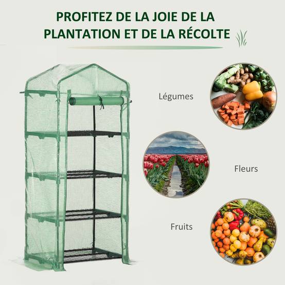 Serre de Jardin PE 70 x 50 x 160 cm avec Étagères 4 Niveaux, Bâche Renforcée 140 g/m², Structure en Acier, Porte Zippée Enroulable, Vert - Image 9