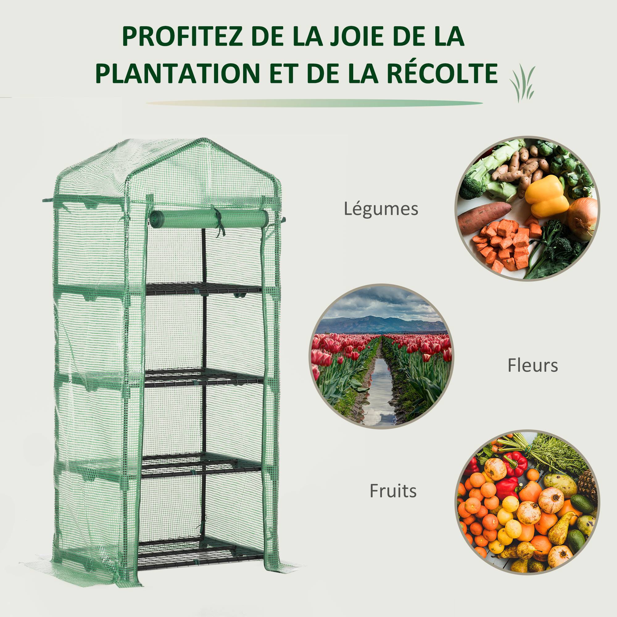 Serre de Jardin PE 70 x 50 x 160 cm avec Étagères 4 Niveaux, Bâche Renforcée 140 g/m², Structure en Acier, Porte Zippée Enroulable, Vert - Image 9