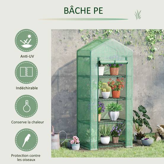 Serre de Jardin PE 70 x 50 x 160 cm avec Étagères 4 Niveaux, Bâche Renforcée 140 g/m², Structure en Acier, Porte Zippée Enroulable, Vert - Image 7
