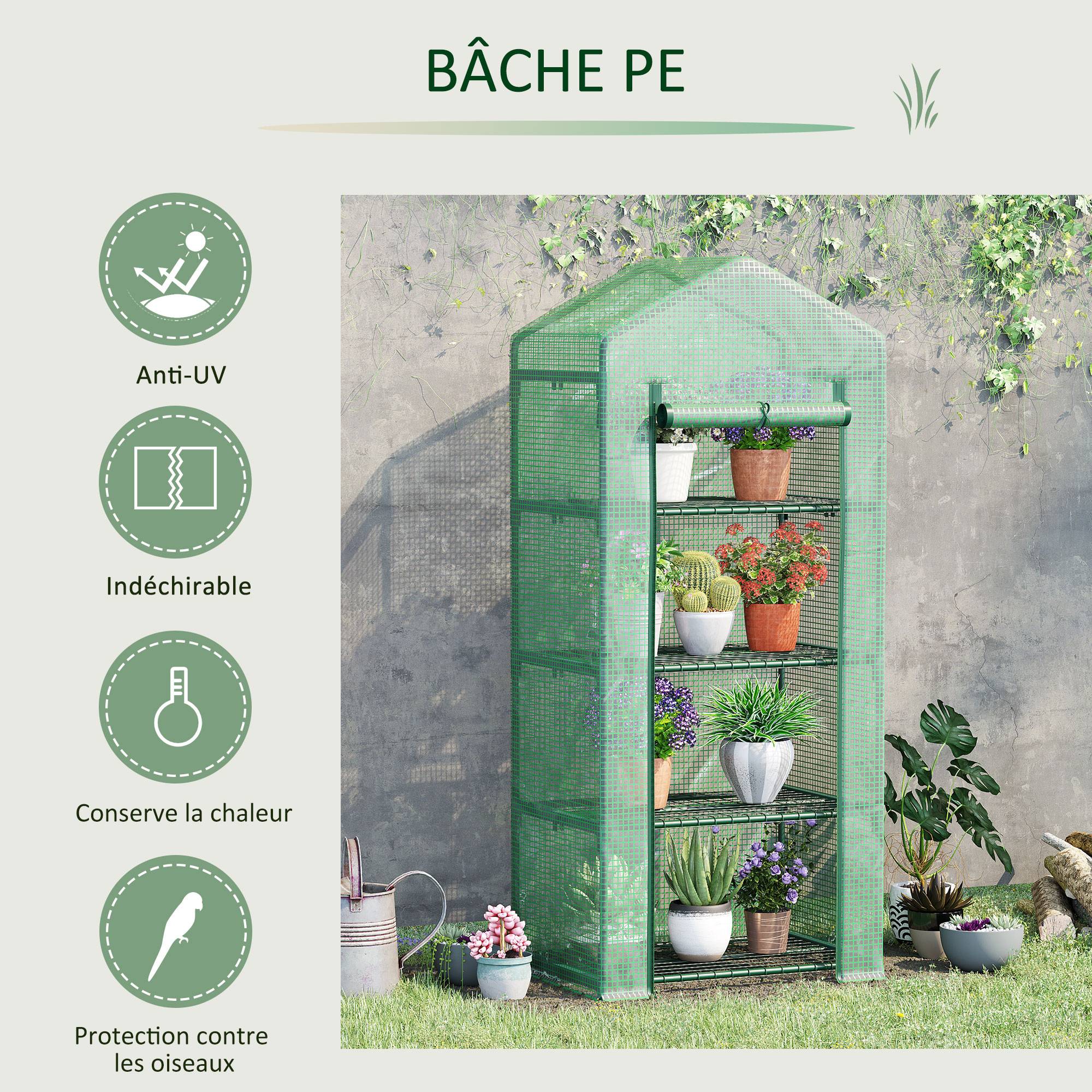 Serre de Jardin PE 70 x 50 x 160 cm avec Étagères 4 Niveaux, Bâche Renforcée 140 g/m², Structure en Acier, Porte Zippée Enroulable, Vert - Image 7