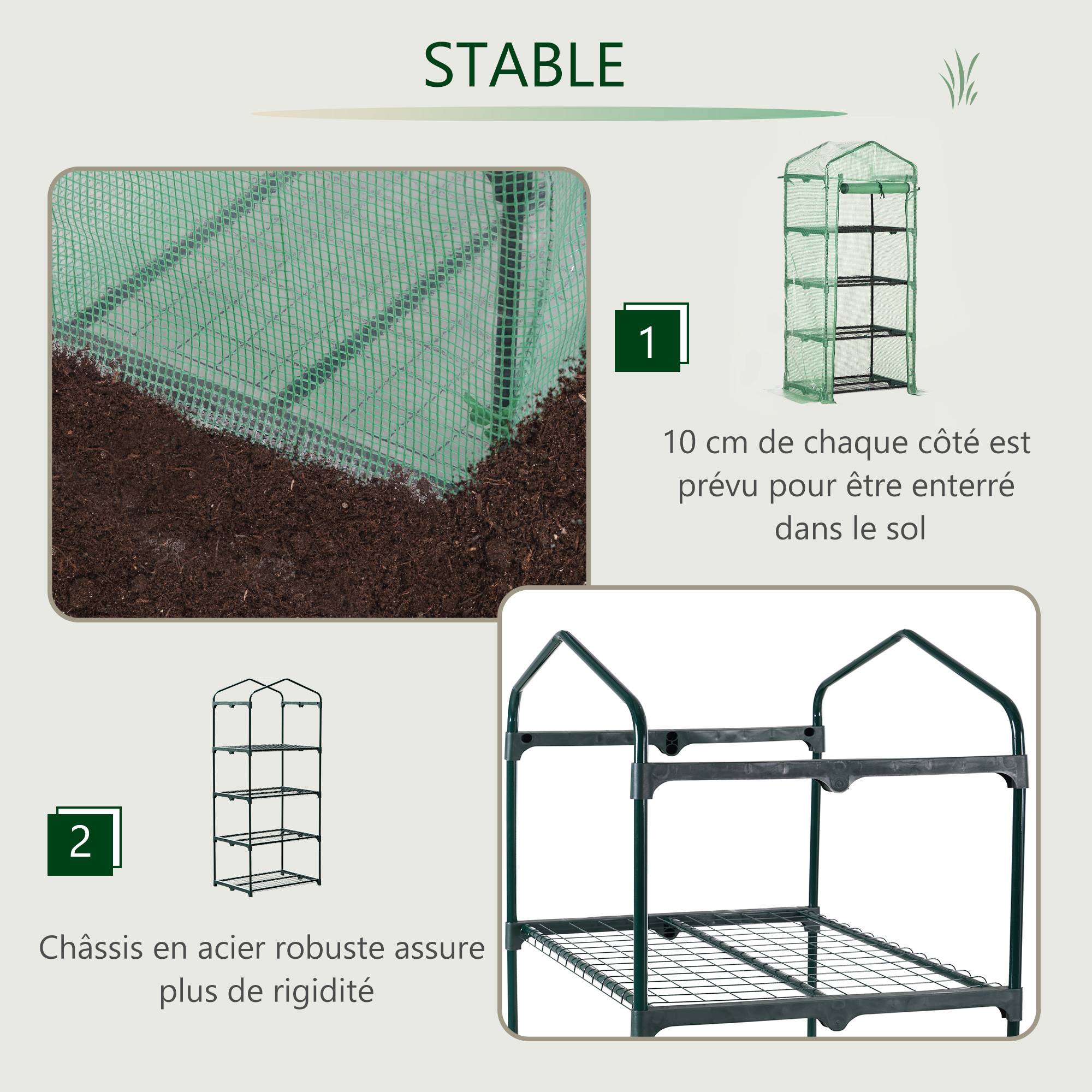 Serre de Jardin PE 70 x 50 x 160 cm avec Étagères 4 Niveaux, Bâche Renforcée 140 g/m², Structure en Acier, Porte Zippée Enroulable, Vert - Image 6