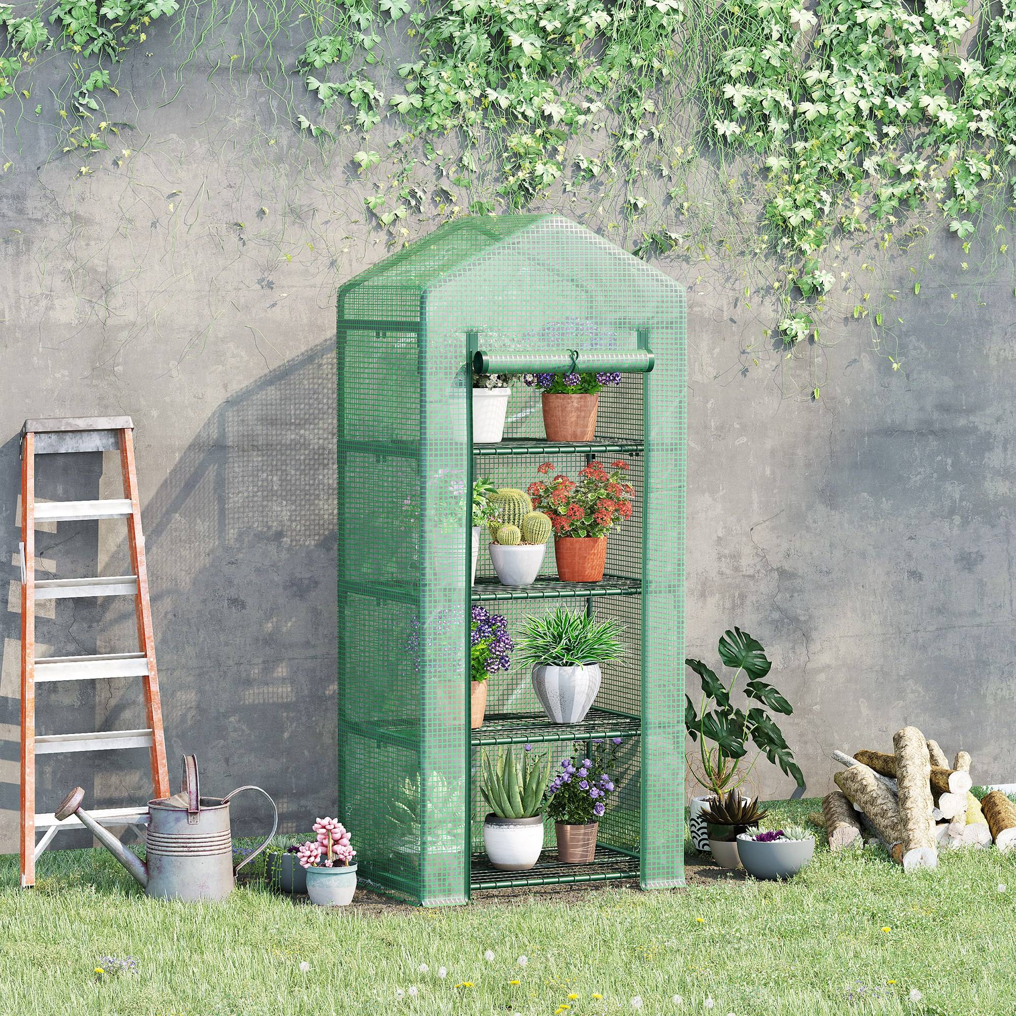 Serre de Jardin PE 70 x 50 x 160 cm avec Étagères 4 Niveaux, Bâche Renforcée 140 g/m², Structure en Acier, Porte Zippée Enroulable, Vert - Image 3