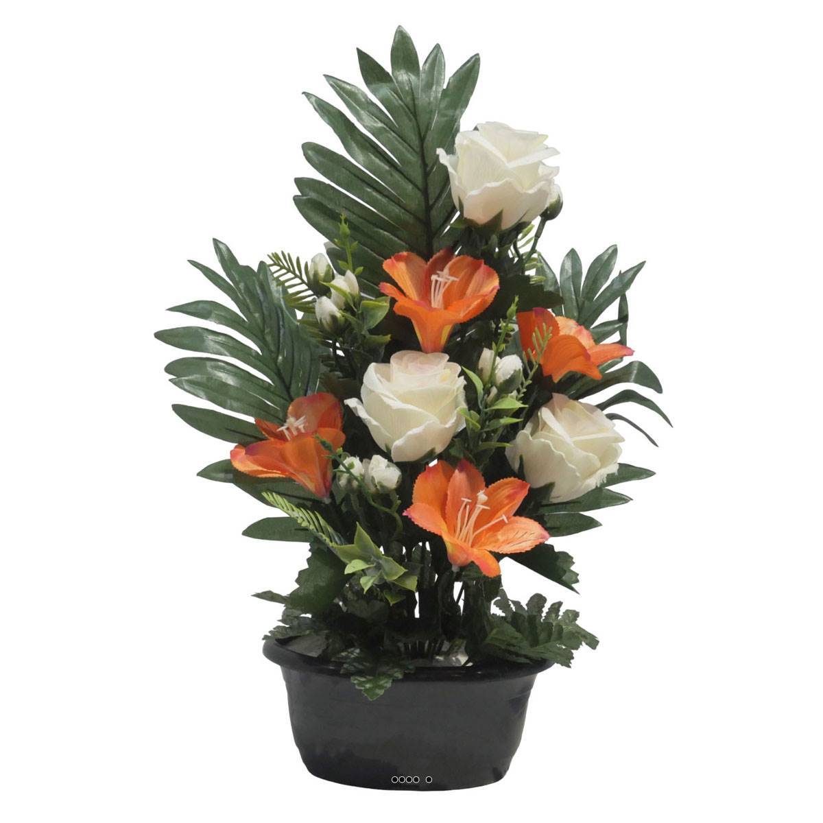 Artificielles - Jardinière fleurs artificielles Rose, Alstromeria et mini fleurs Orange pour la Toussaint - couleur: Orange - Image 1