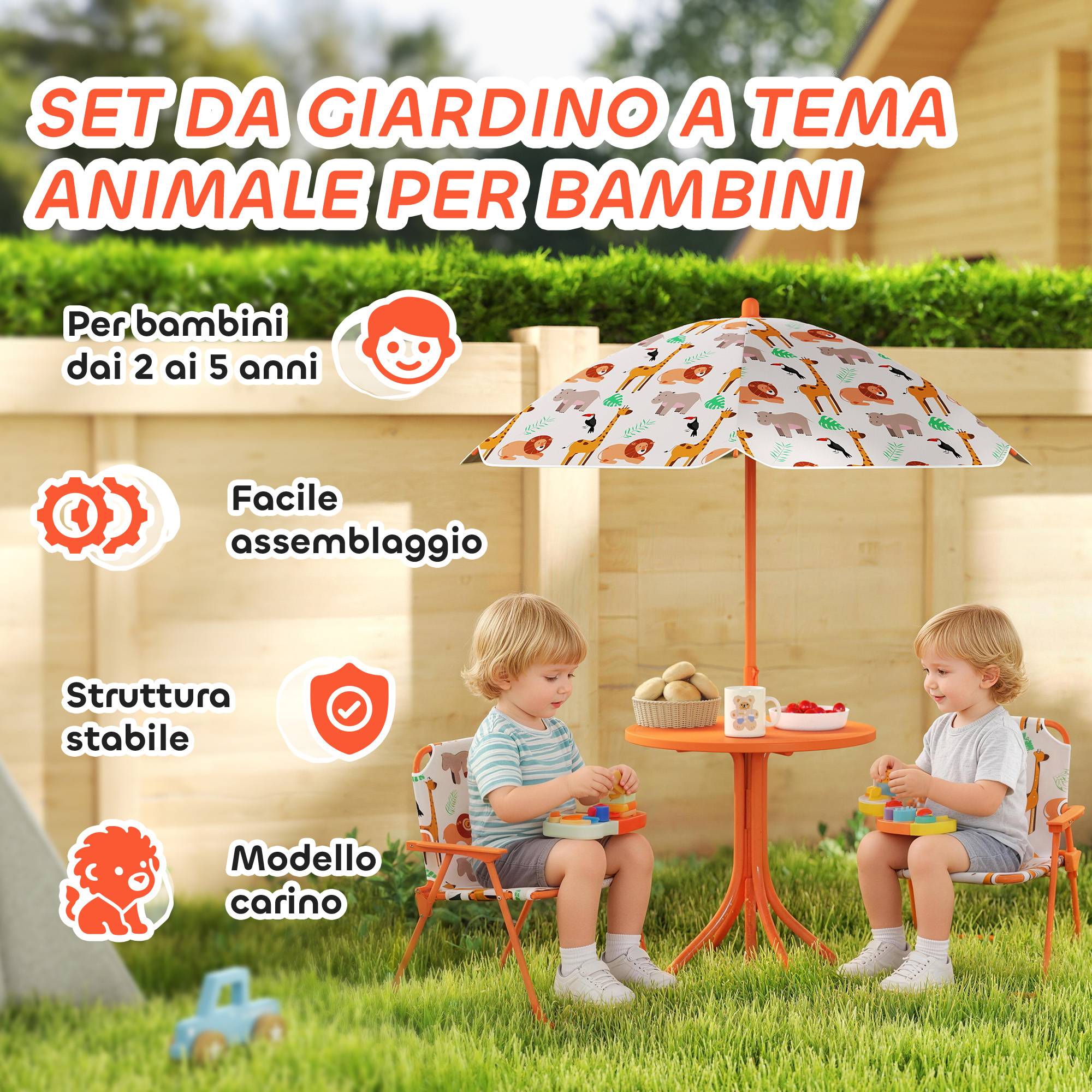 Ensemble jardin enfant table pique-nique avec parasol, orange - Image 6