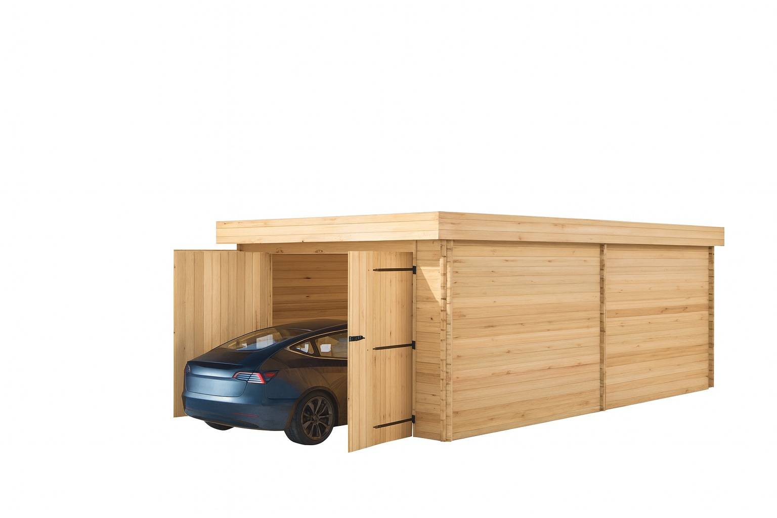 Habrita - Garage Madriers bois massif - 28 mm -  18,36 m2 - Toit plat couverture polycarbonate - Image 3
