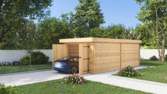 Habrita - Garage Madriers bois massif - 28 mm - 18,36 m2 - Toit plat couverture polycarbonate - Image 1