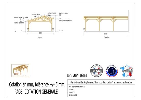 Carport Bois Douglas Français 58 m² – 2 pentes faitage décalé adossé – 6 poteaux – Abri voiture extérieur – Garantie 10 ans - Image 3