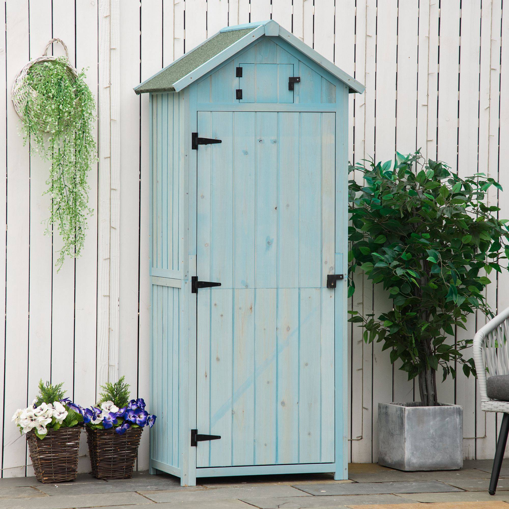Armoire Jardin Bois Rangement Outils Extérieur Toit Bitumé 77x54cm Bleu - ComfortXL Outdoor Living - Image 1