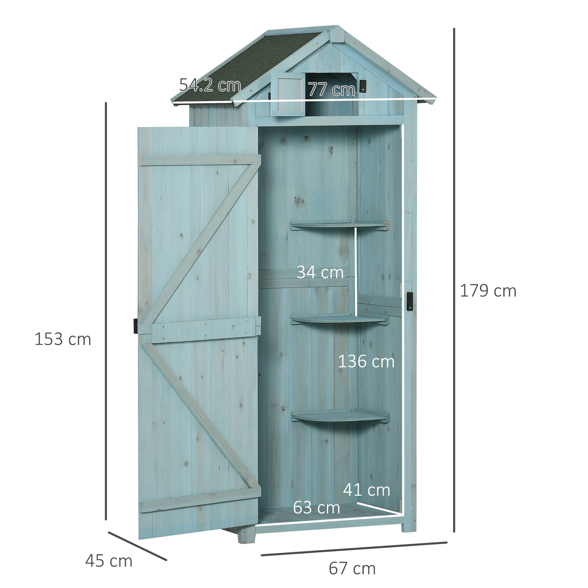 Armoire Jardin Bois Rangement Outils Extérieur Toit Bitumé 77x54cm Bleu - ComfortXL Outdoor Living - Image 3