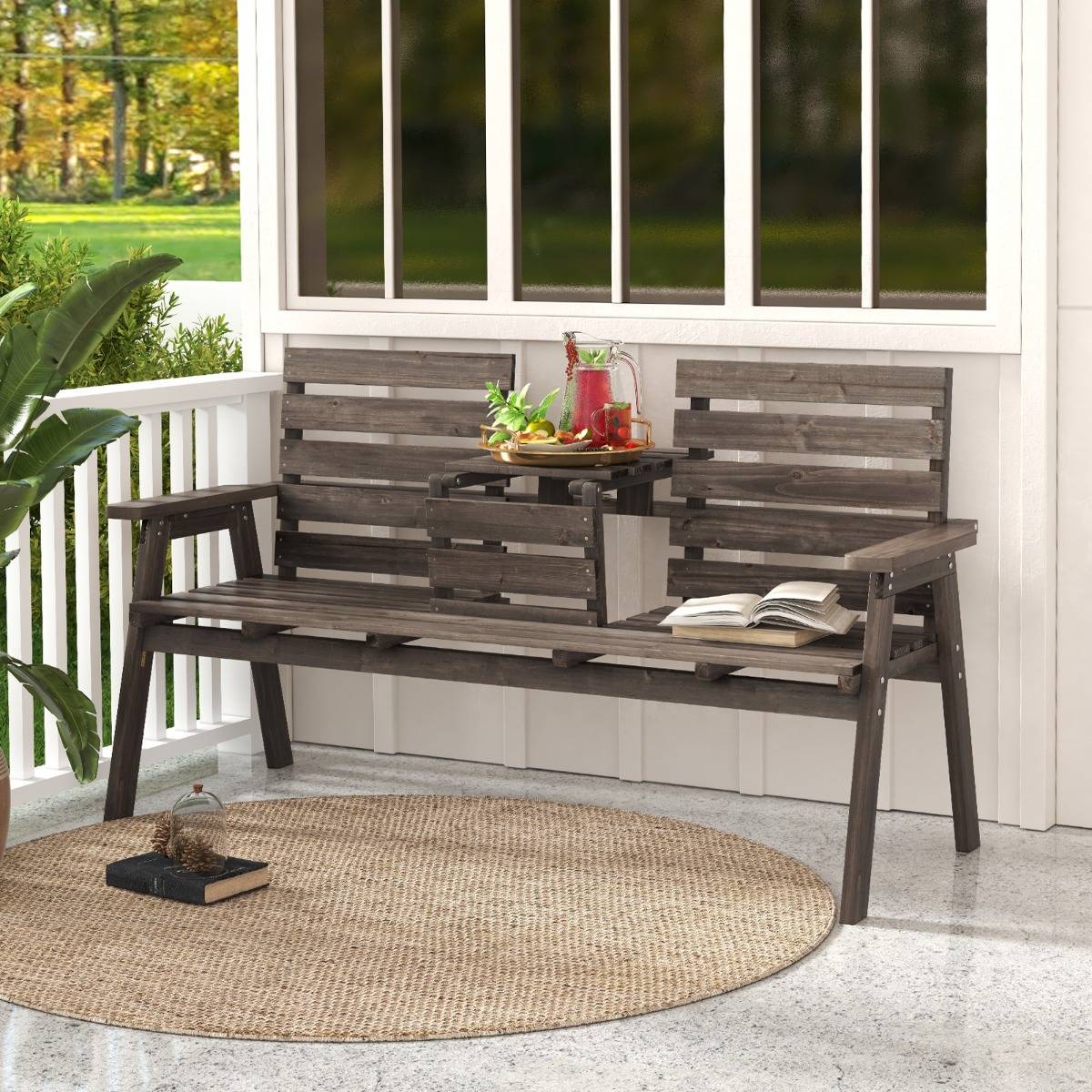 Banc d'Extérieur en Bois avec Table Centrale Pliable Banc de Jardin pour 2-3 Personnes avec Dossier et Accoudoirs Café F120R - Image 3