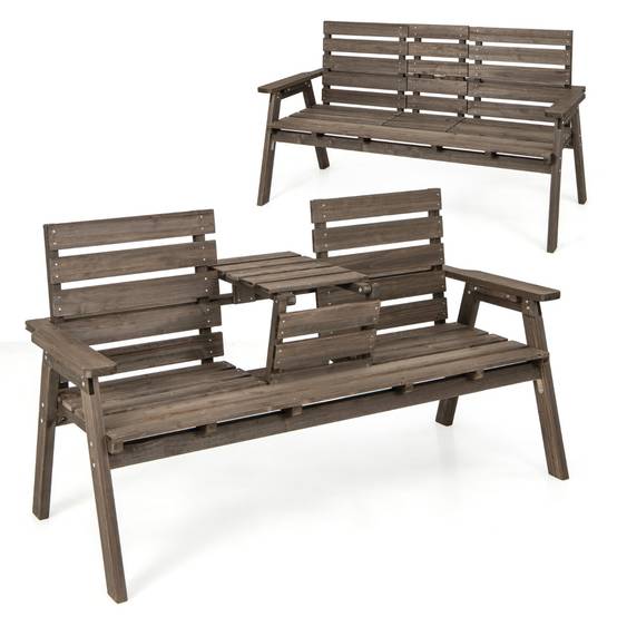 Banc d'Extérieur en Bois avec Table Centrale Pliable Banc de Jardin pour 2-3 Personnes avec Dossier et Accoudoirs Café F120R - Image 1