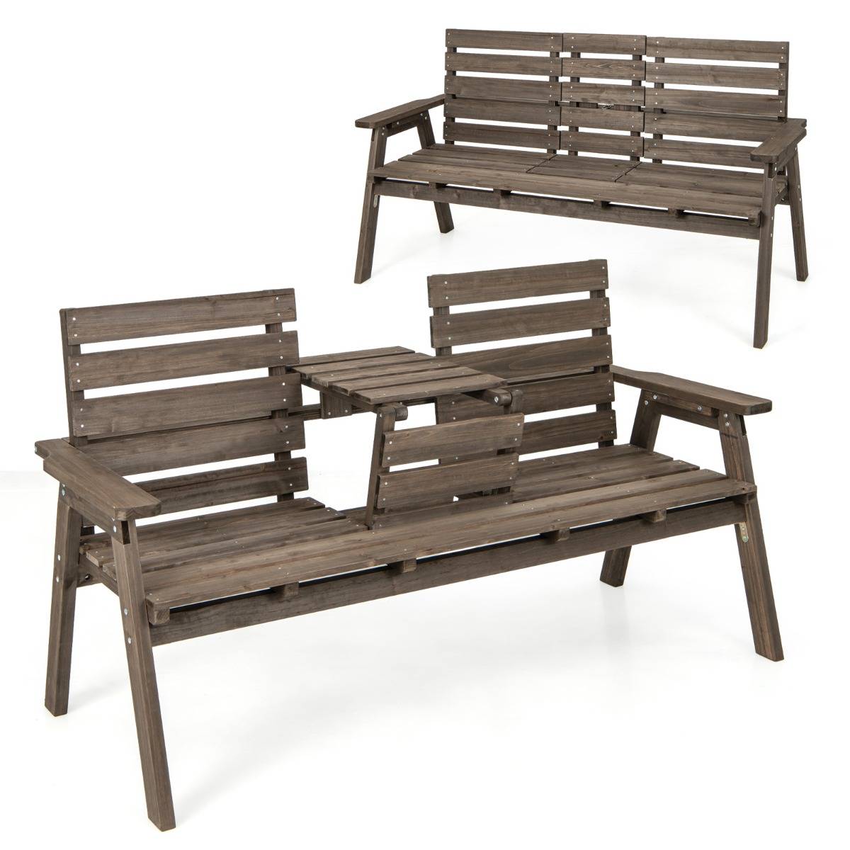 Banc d'Extérieur en Bois avec Table Centrale Pliable Banc de Jardin pour 2-3 Personnes avec Dossier et Accoudoirs Café F120R - Image 1
