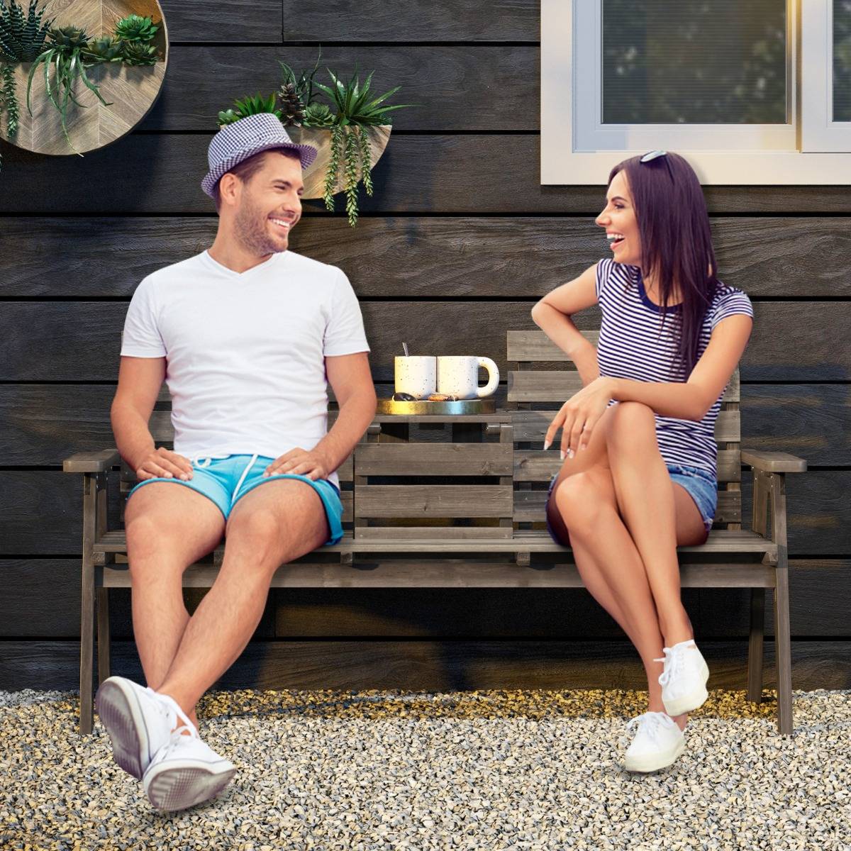 Banc d'Extérieur en Bois avec Table Centrale Pliable Banc de Jardin pour 2-3 Personnes avec Dossier et Accoudoirs Café F120R - Image 2