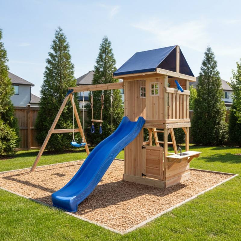 Abracadaprout - Aire de jeux extérieur bois thermo-traité 405x352 cm avec balançoires et toboggan bleu Abracadaprout - Image 1