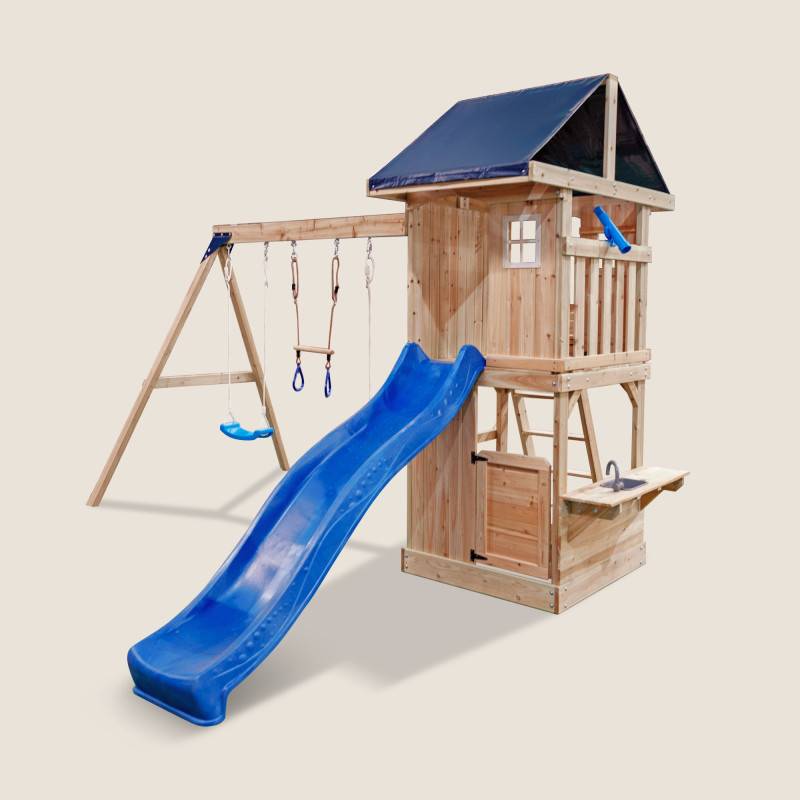Abracadaprout - Aire de jeux extérieur bois thermo-traité 405x352 cm avec balançoires et toboggan bleu Abracadaprout - Image 4