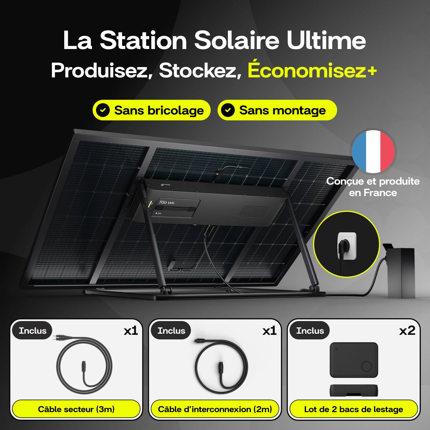 Sunology PLAY Max - Kit 2 panneaux solaires avec batterie (option) 900W bifacial – Stations solaires livrées assemblées – Installation au sol ou mur - Image 2