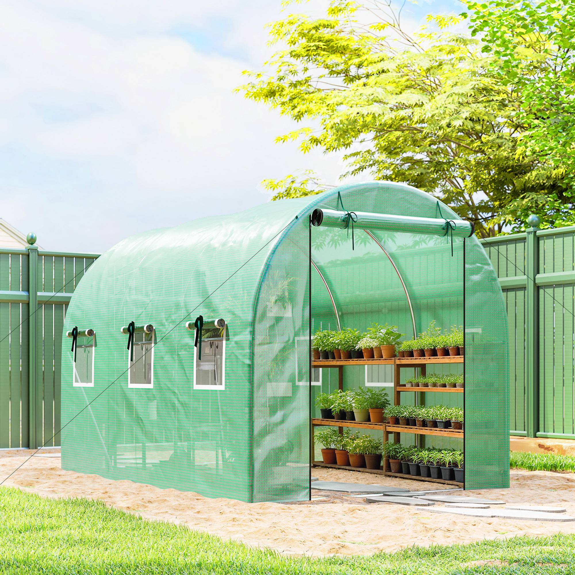Serre 3 x 2 x 2 m, porte enroulable, 2 portes zip, 6 fenêtres moustiquaire, poteaux, Vert - Image 4
