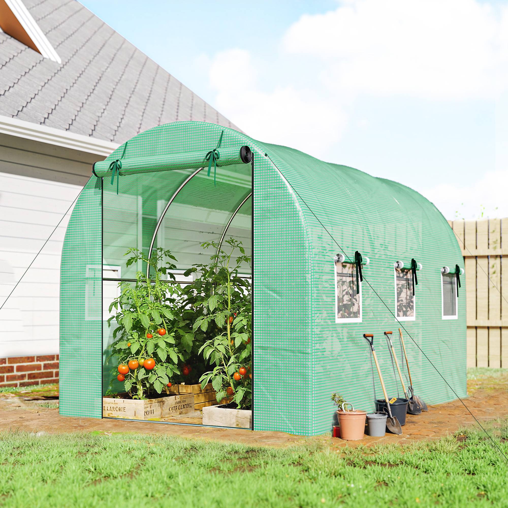 Serre 3 x 2 x 2 m, porte enroulable, 2 portes zip, 6 fenêtres moustiquaire, poteaux, Vert - Image 3