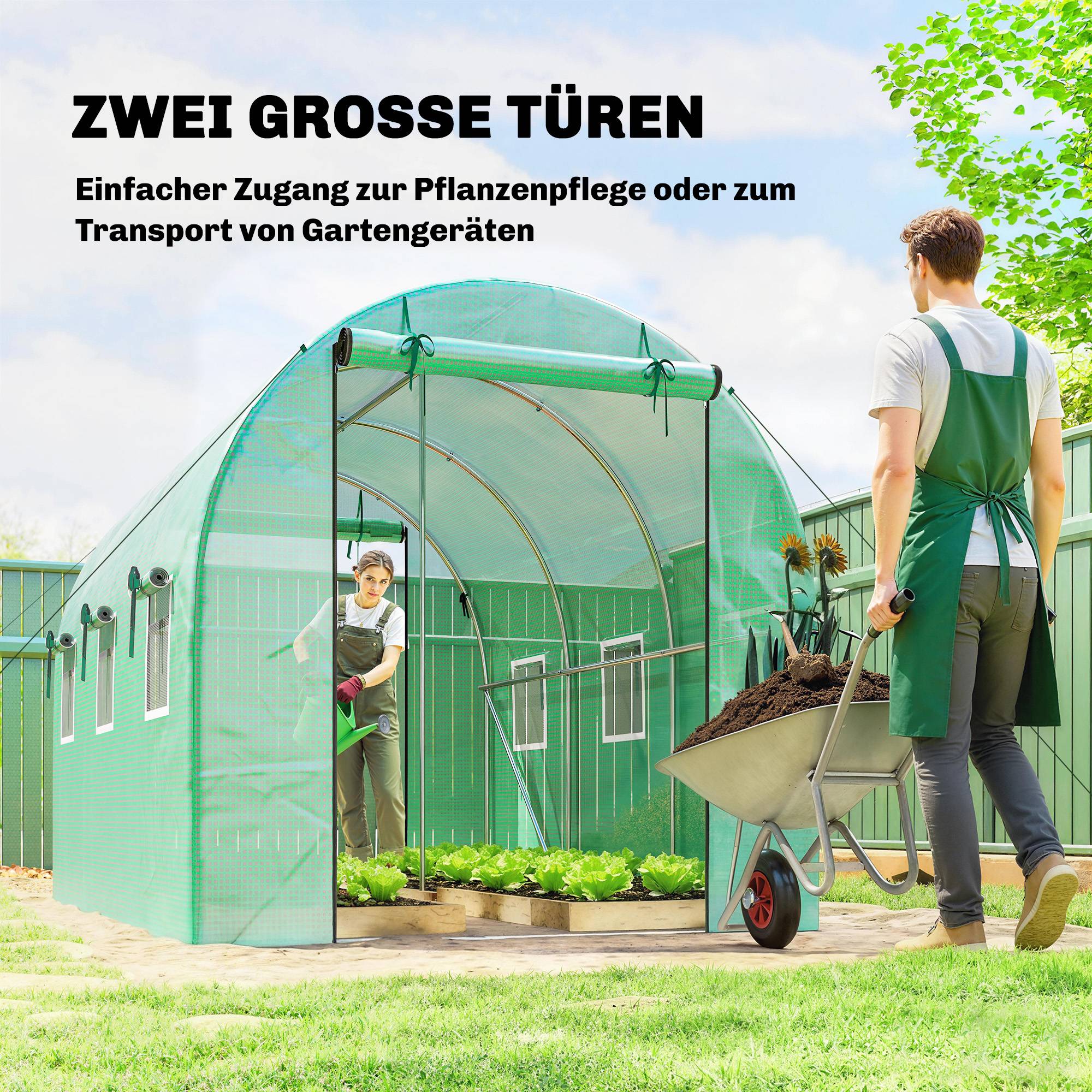 Serre 3 x 2 x 2 m, porte enroulable, 2 portes zip, 6 fenêtres moustiquaire, poteaux, Vert - Image 8