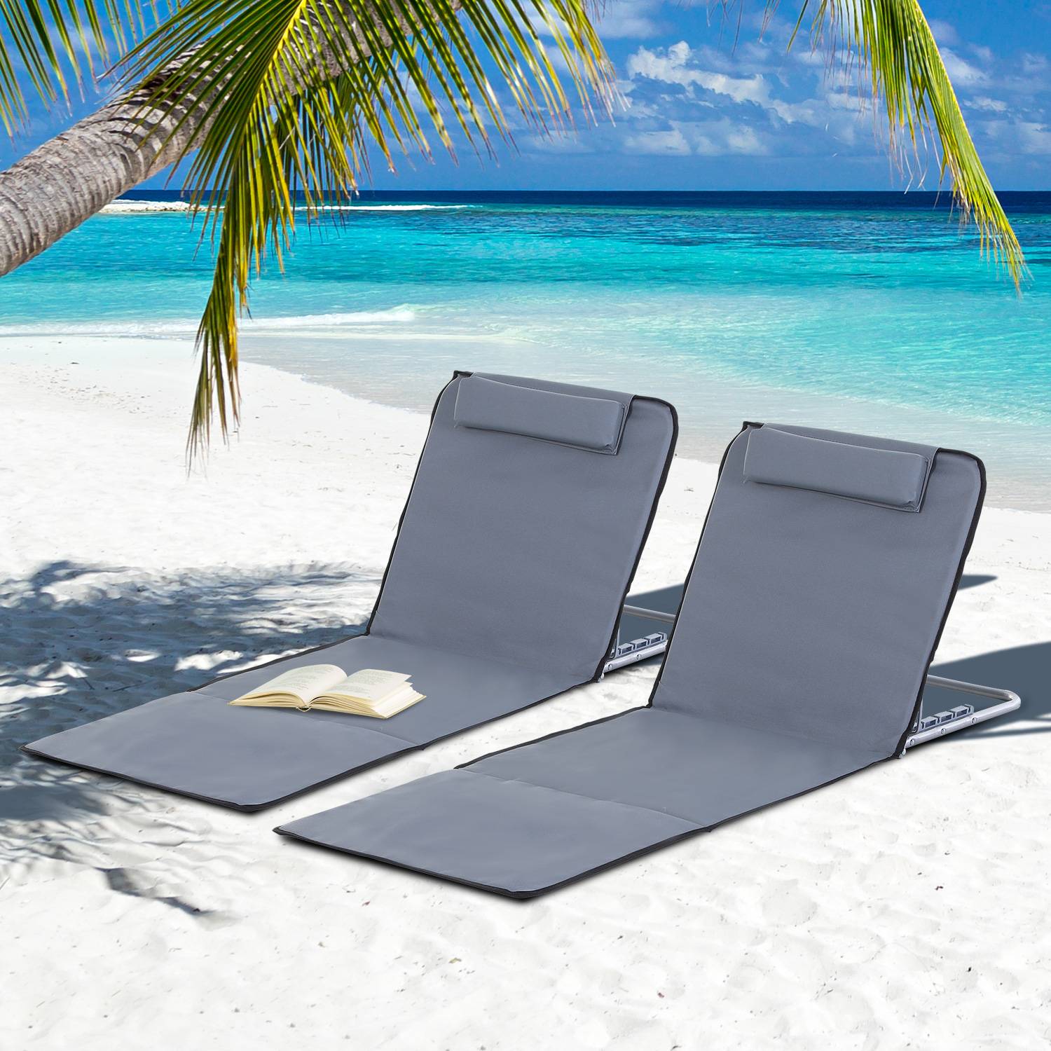 Outsunny - Lot de 2 tapis de plage rembourré - nattes de plage - dossier inclinable multi-positions - sac transport inclus - métal polyester PE gris - Outsunny - Image 2