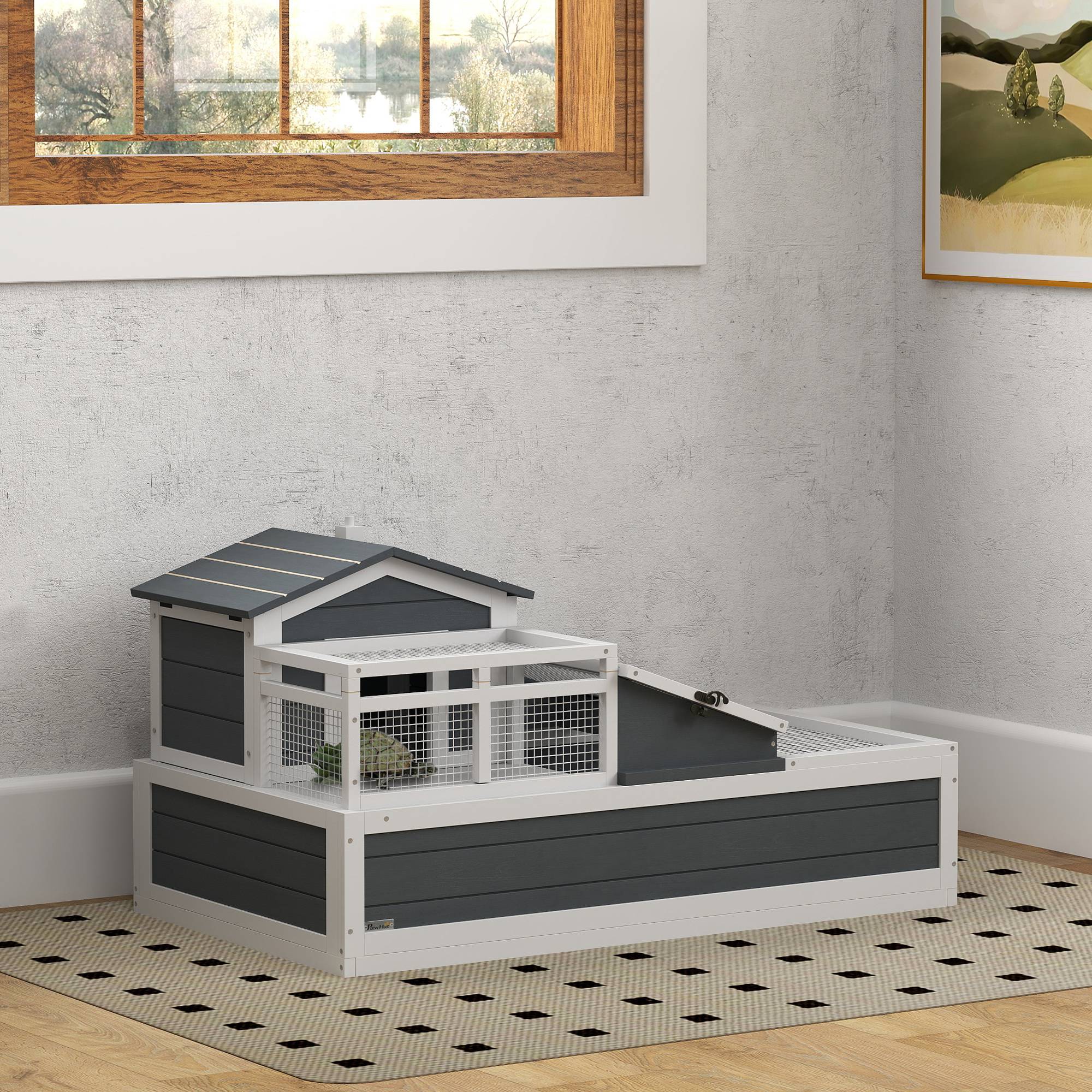 Sans Marque - Maison pour tortues, 2 niveaux, pour usage intérieur et extérieur, balcon, bois de sapin, gris - Image 3