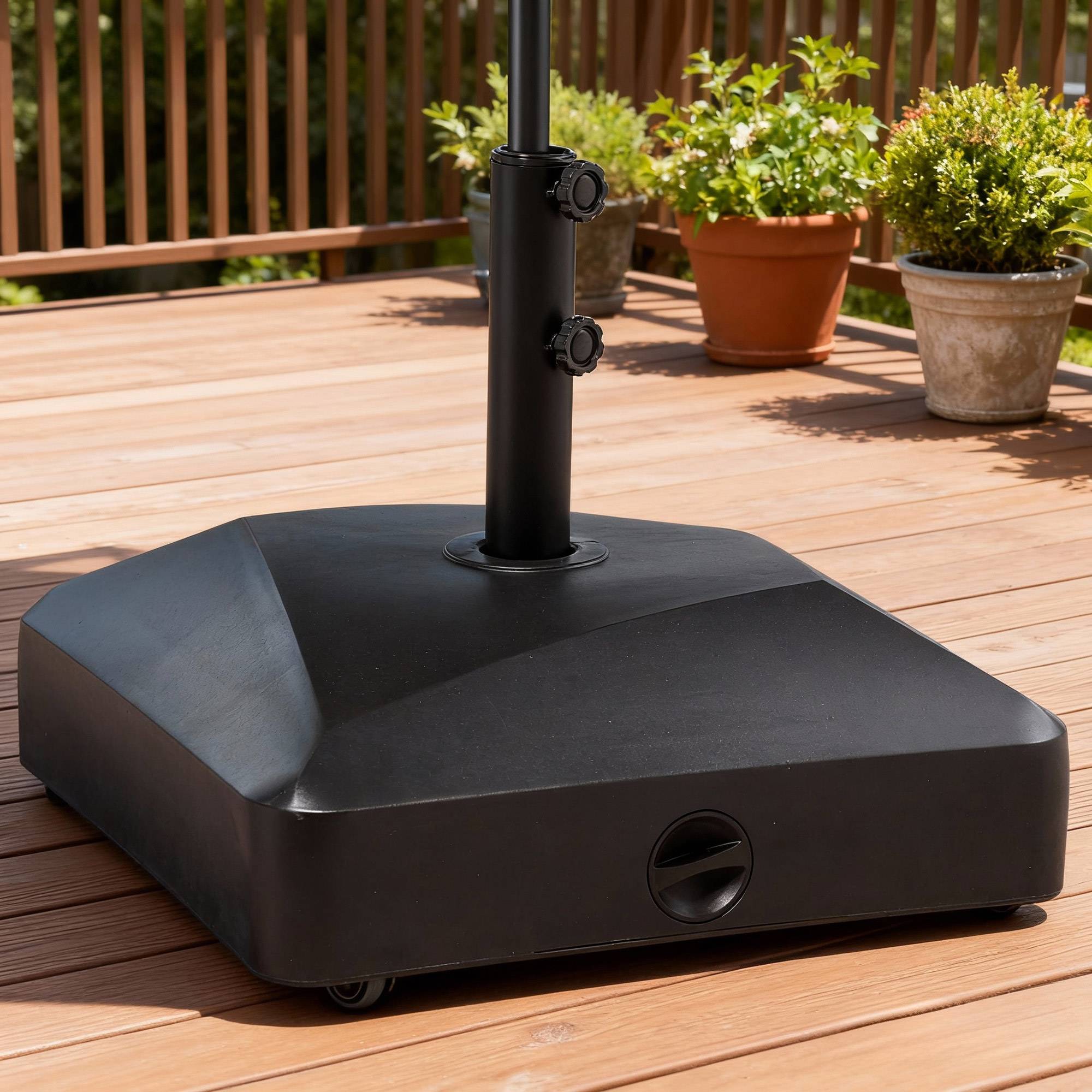 Pied de parasol carré support parasol remplissage eau sable avec roues pour terrasse en PE 54,5 x 54,5 x 46,5 cm noir - Image 4