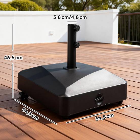 Pied de parasol carré support parasol remplissage eau sable avec roues pour terrasse en PE 54,5 x 54,5 x 46,5 cm noir - Image 5
