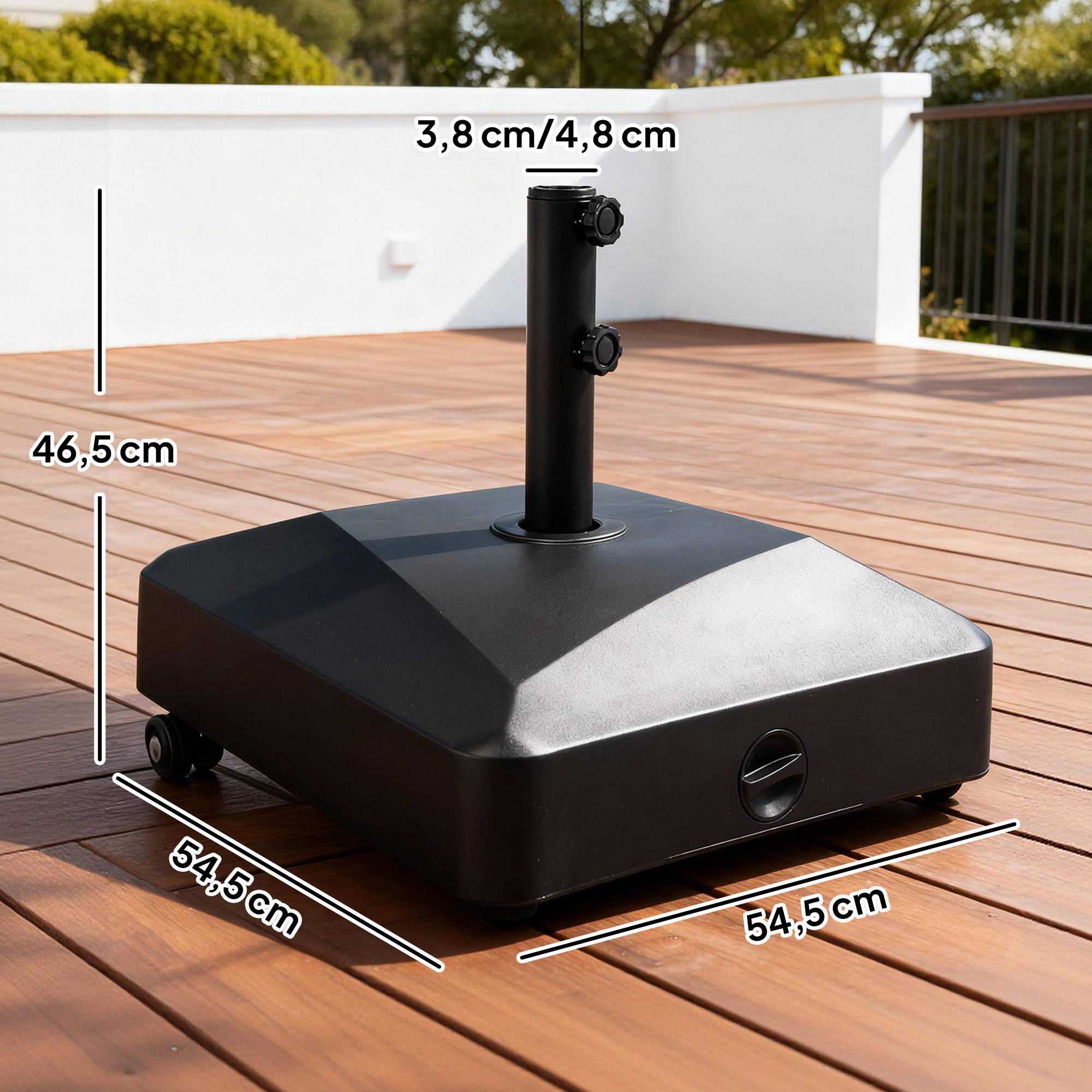 Pied de parasol carré support parasol remplissage eau sable avec roues pour terrasse en PE 54,5 x 54,5 x 46,5 cm noir - Image 5