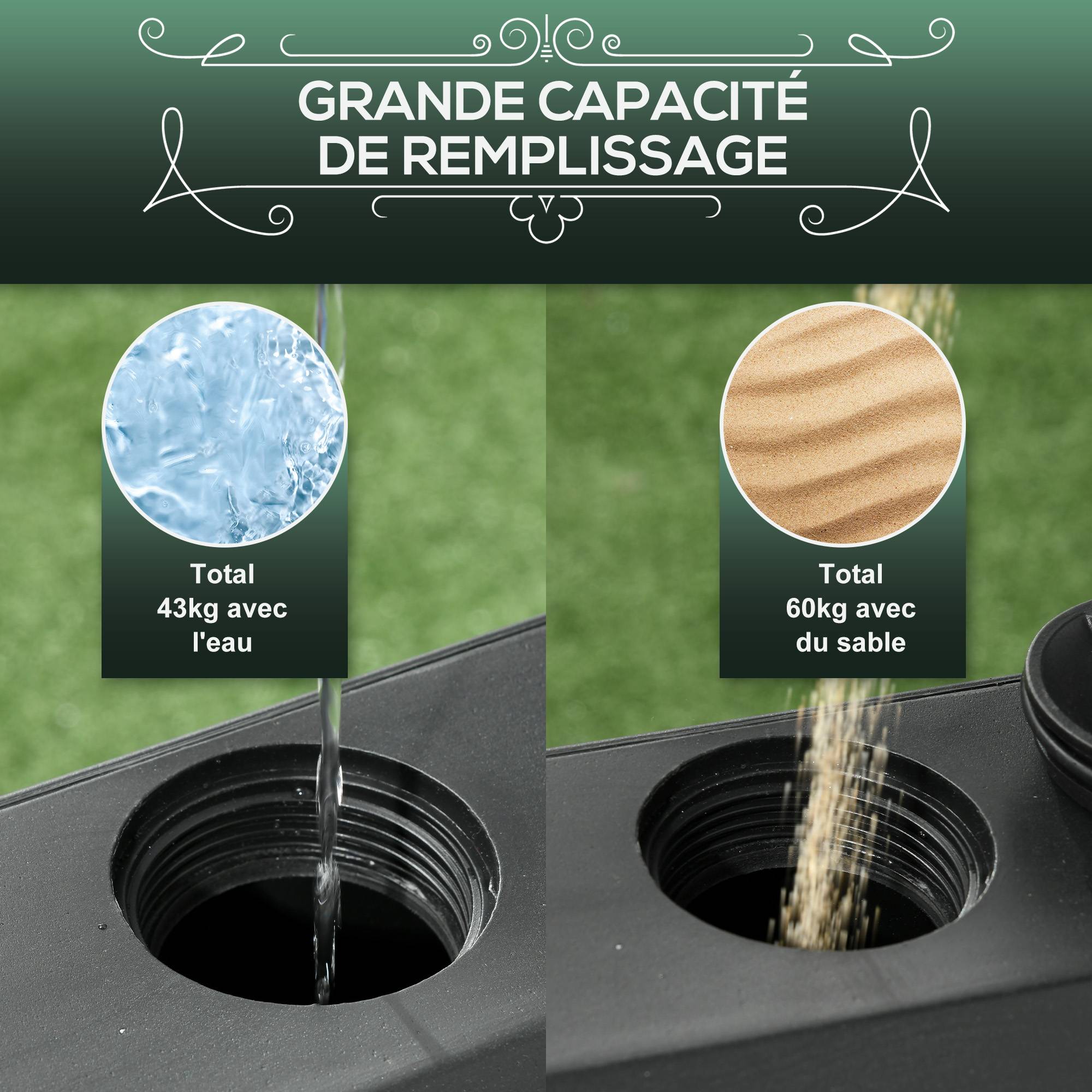 Pied de parasol carré support parasol remplissage eau sable avec roues pour terrasse en PE 54,5 x 54,5 x 46,5 cm noir - Image 6