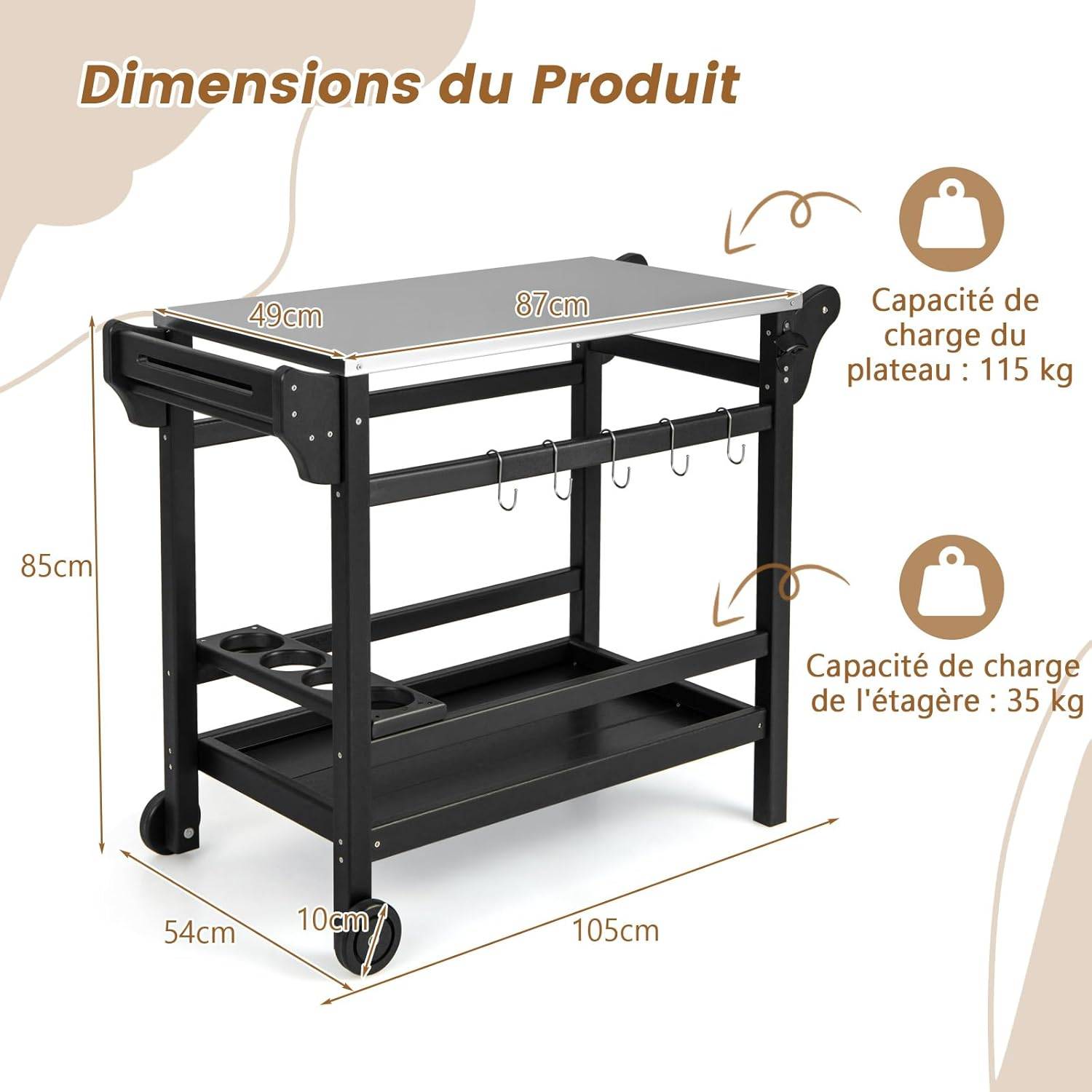 Costway - Chariot de Barbecue d'Extérieur à Double Étagères, Desserte de Jardin avec Poignée105 x 54 x 85 cm - Image 4