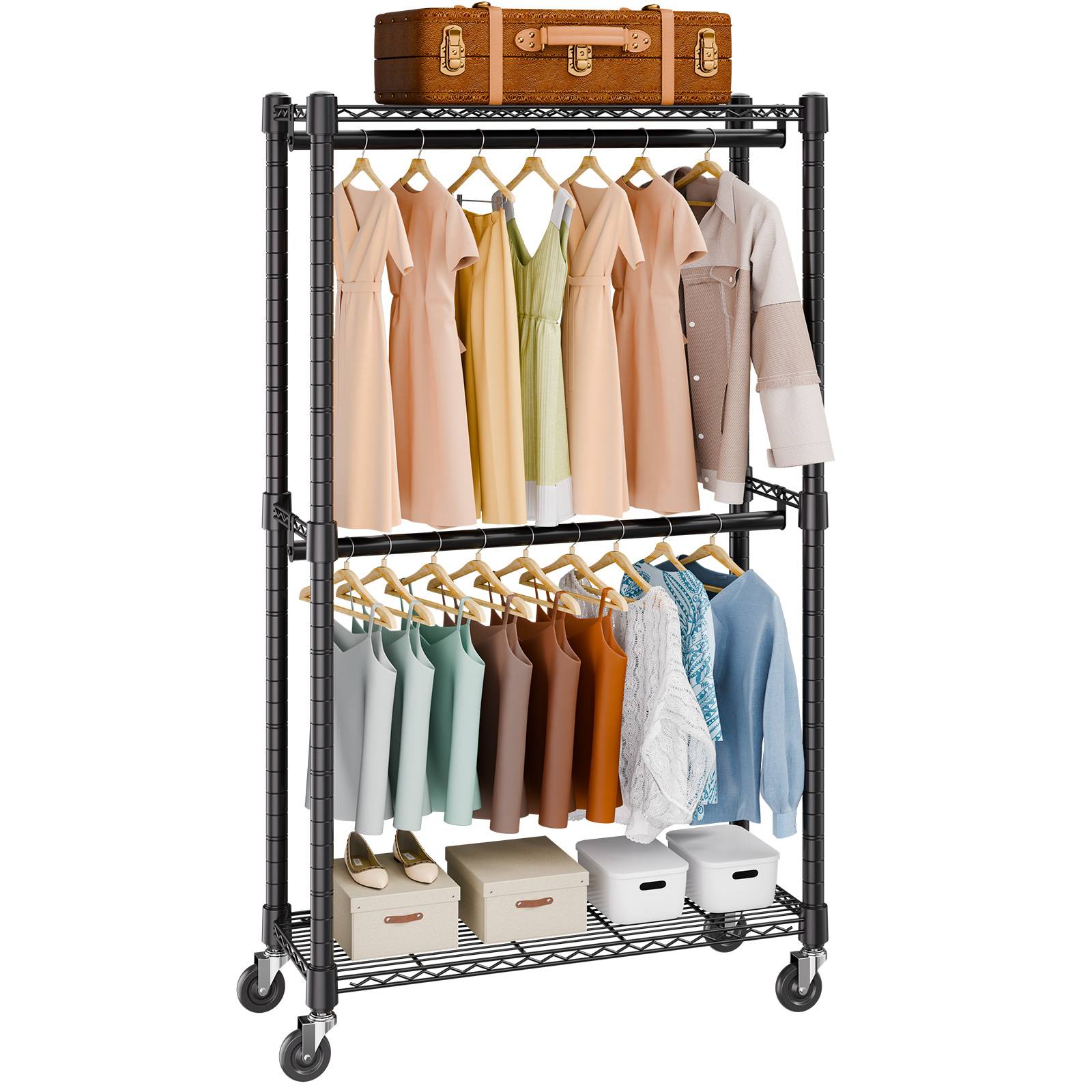 VEVOR Portant à Vêtements Porte-Manteau avec Roues 2 Étagères 2 Barres Penderie - Image 1