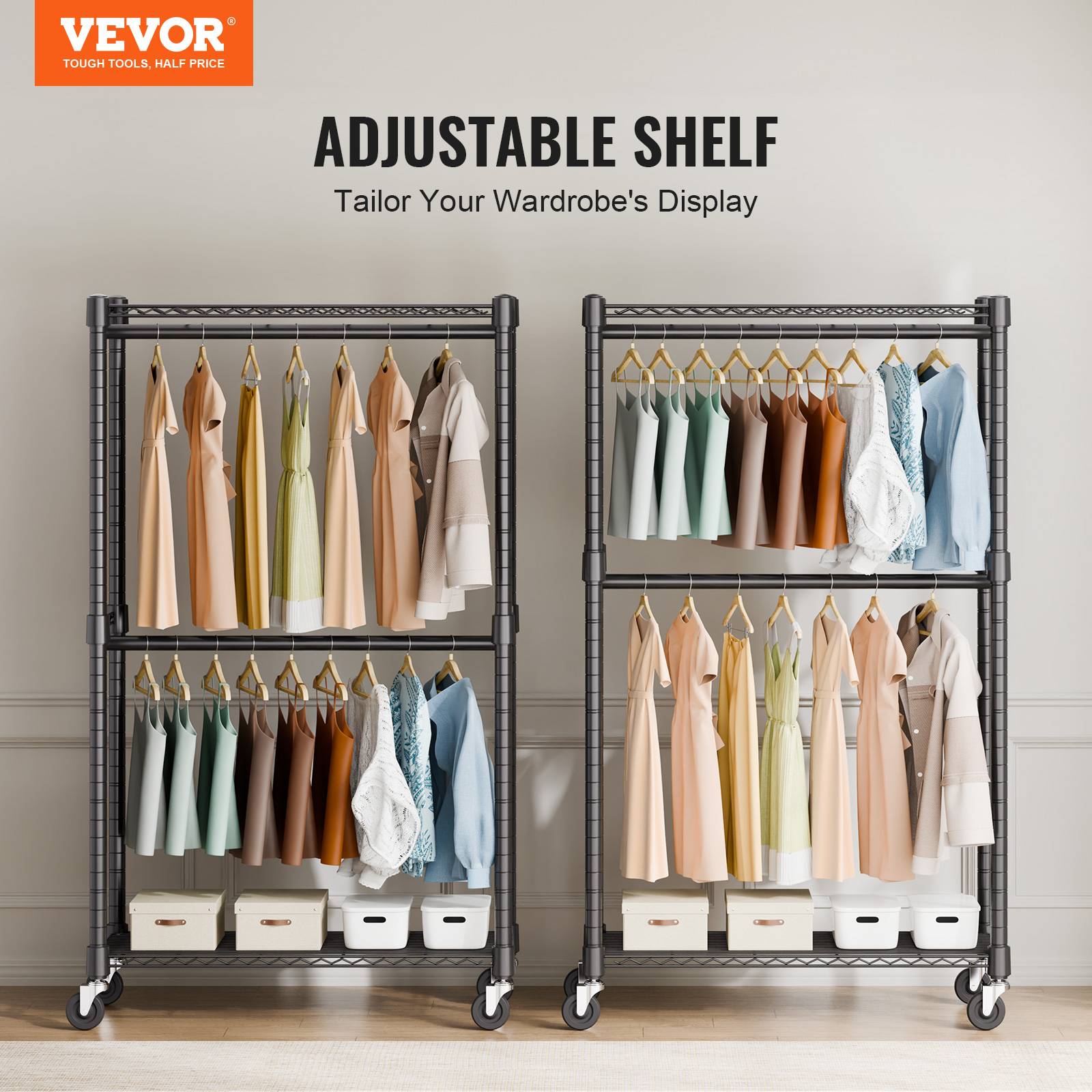 VEVOR Portant à Vêtements Porte-Manteau avec Roues 2 Étagères 2 Barres Penderie - Image 2