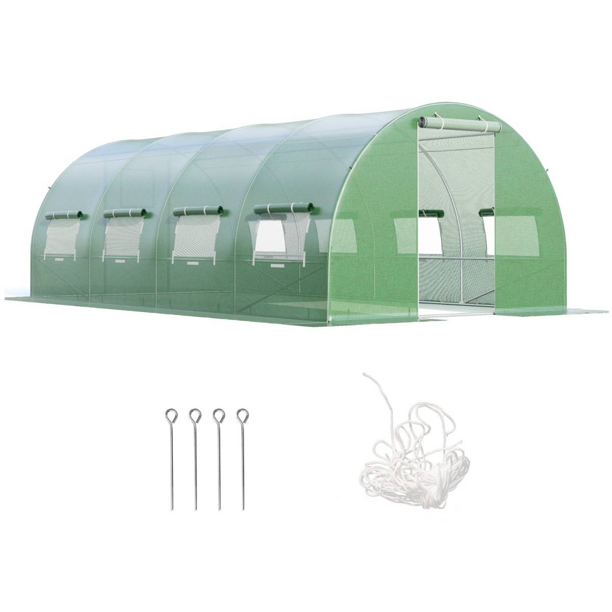 Serre de Jardin 18m² Tunnel Cadre en Acier Galvanisé Robuste Serre Tunnel Coupe-vent avec Cerceau 8 Fenêtres Enroulables Vert F225R MAISON CHIC - Image 3