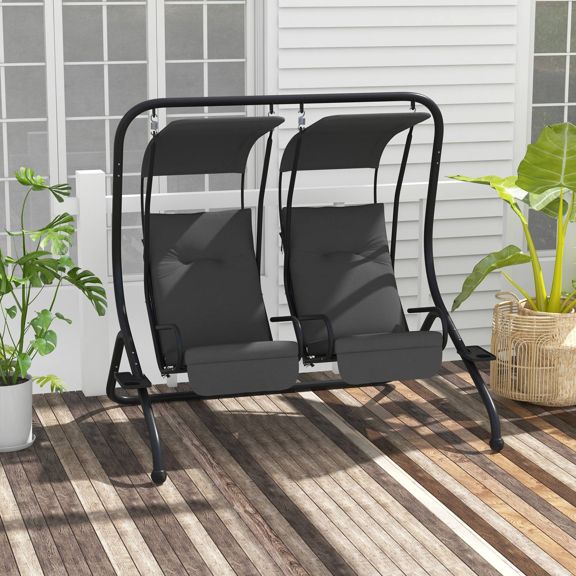 Outsunny - Balancelle de jardin 2 places indépendantes 2 tablettes supports coussins assise dossier grand confort acier noir polyester gris - Outsunny - Image 2