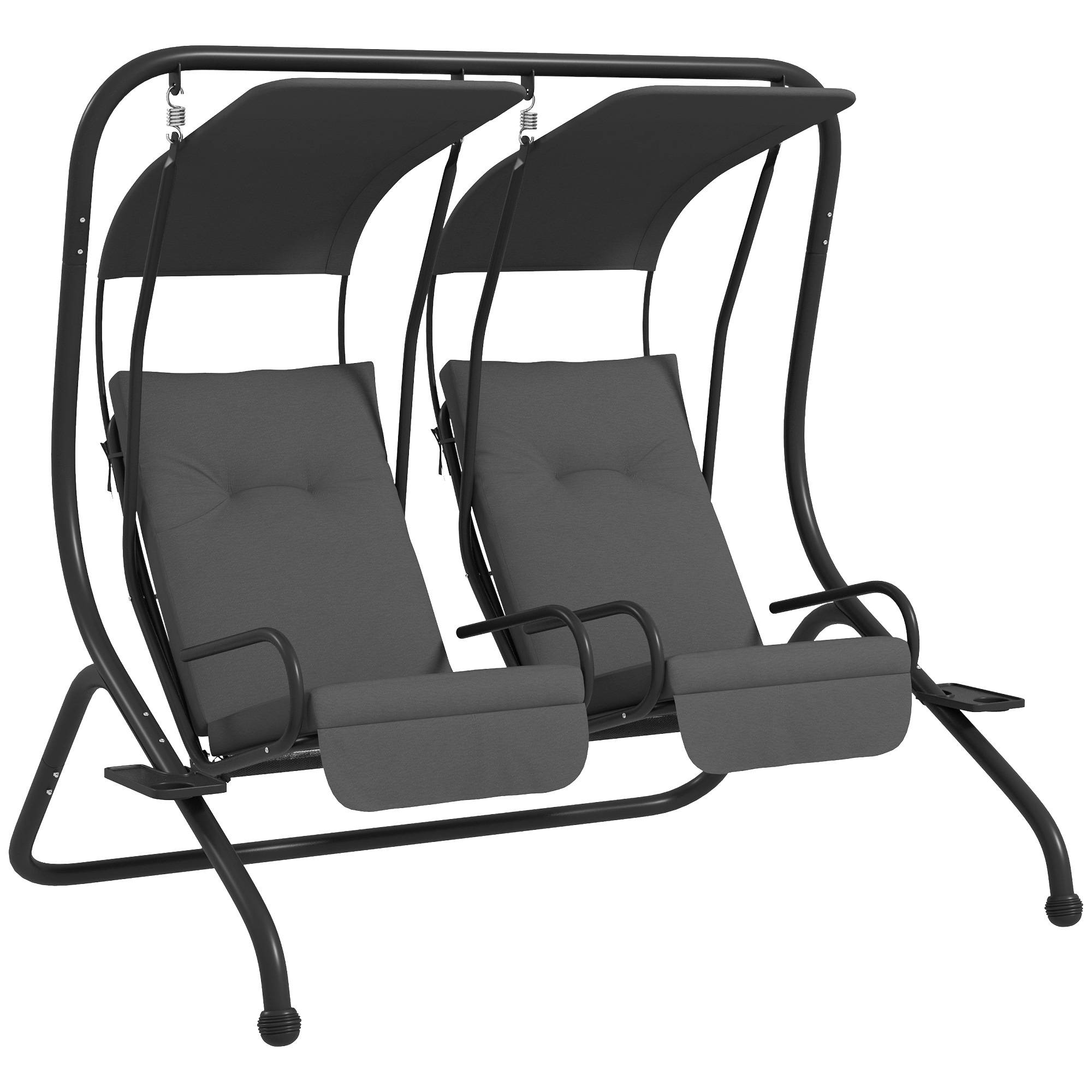 Outsunny - Balancelle de jardin 2 places indépendantes 2 tablettes supports coussins assise dossier grand confort acier noir polyester gris - Outsunny - Image 1