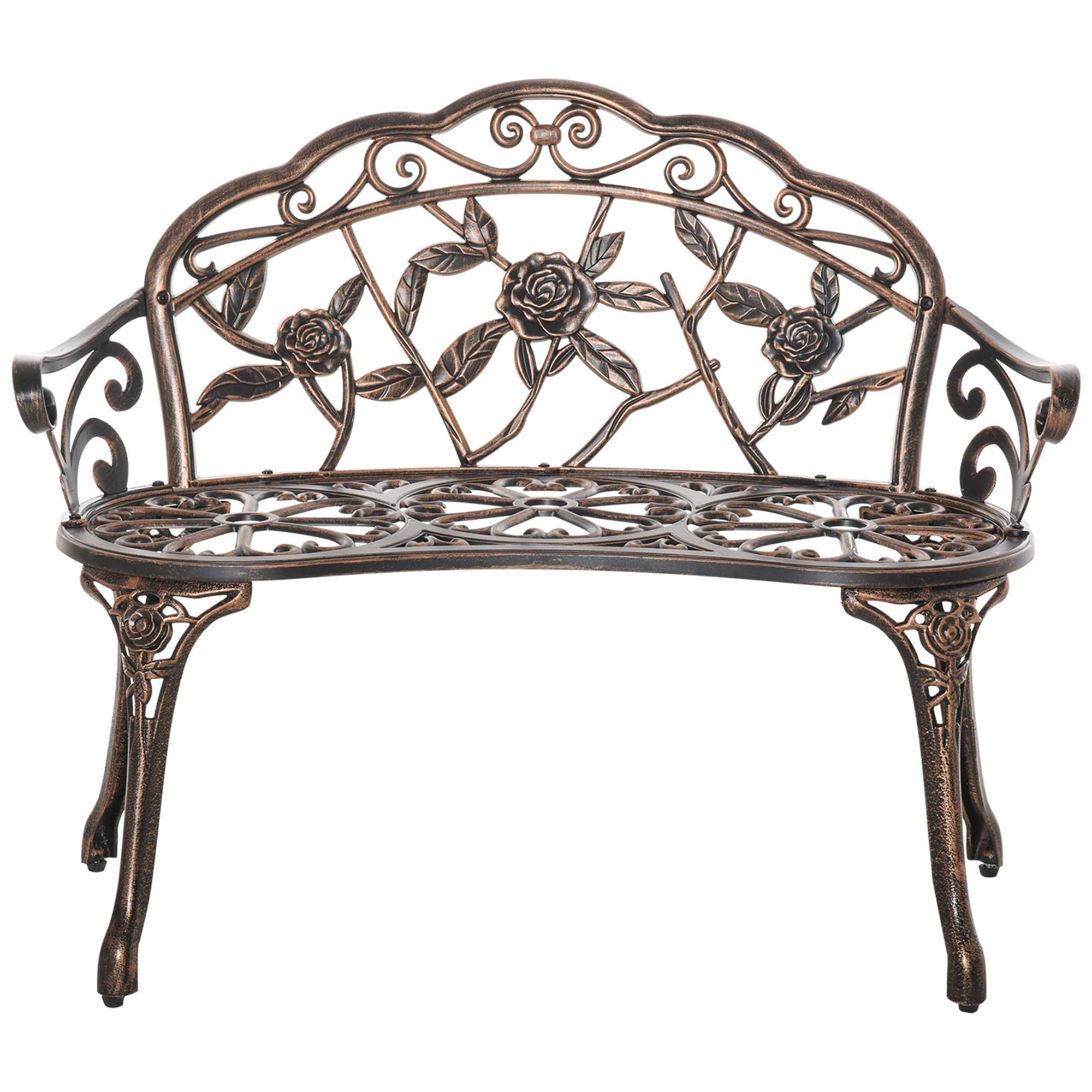 Banc de jardin 2 places en métal, style rétro, motif floral, 100 x 54 x 78 cm, bronze - Image 2