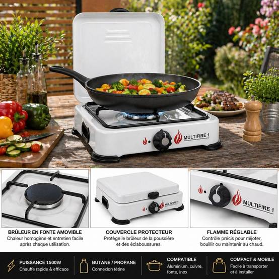 Réchaud à gaz portable 1 feu 1500W Blanc Brûleur fonte amovible Gaz butane/propane Cuisson d'appoint Exterieure Camping GOLD - Image 2