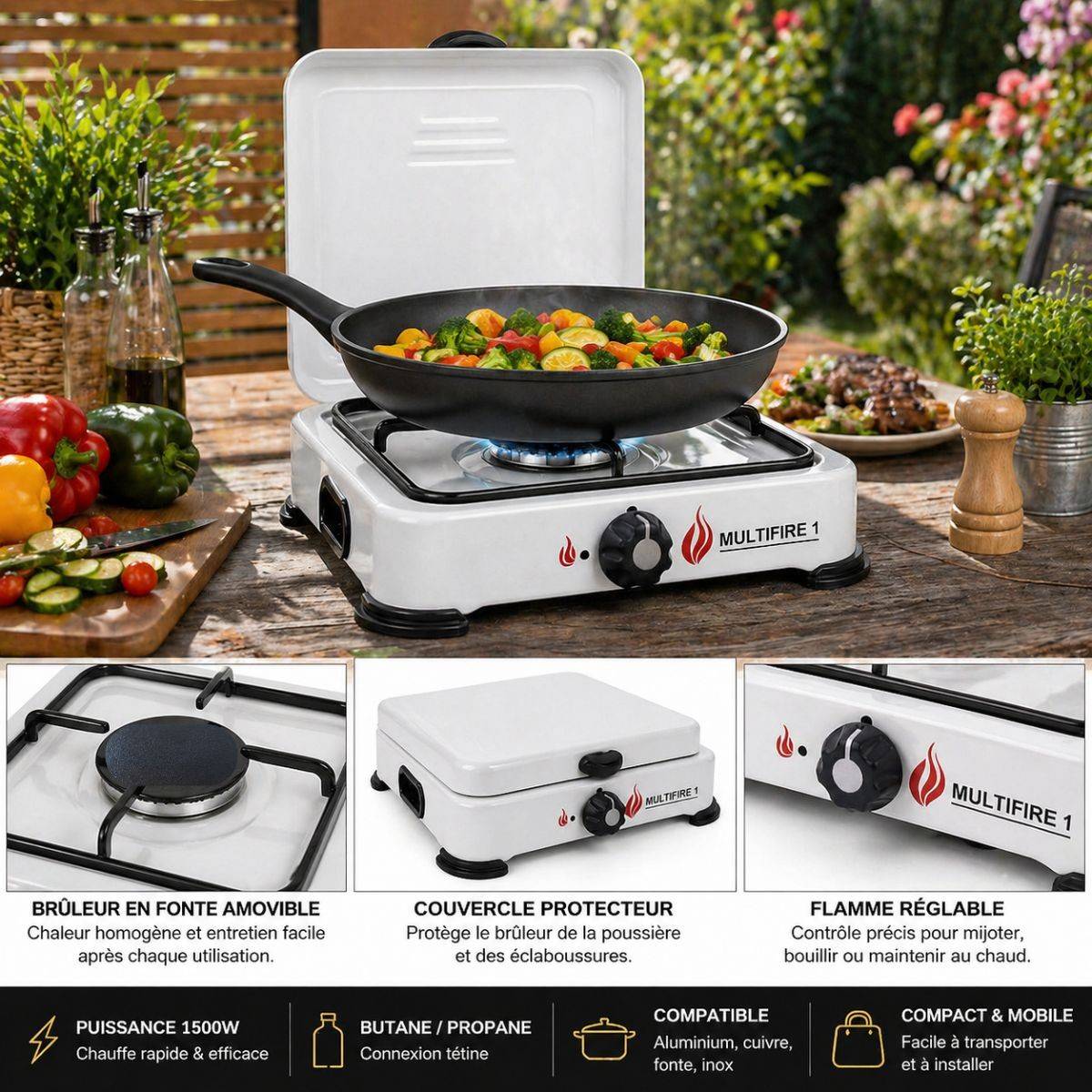 Réchaud à gaz portable 1 feu 1500W Blanc Brûleur fonte amovible Gaz butane/propane Cuisson d'appoint Exterieure Camping GOLD - Image 2