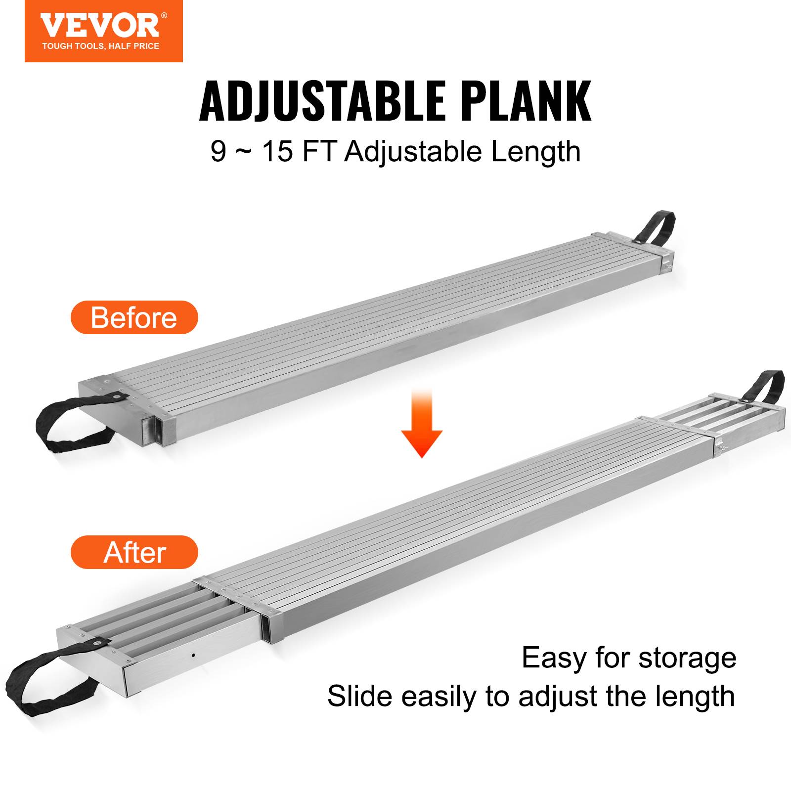 VEVOR Planche échafaudage télescopique alu 2.74-4.57m, largeur 317.5mm, charge 227kg, plate-forme antidérapante. - Image 2