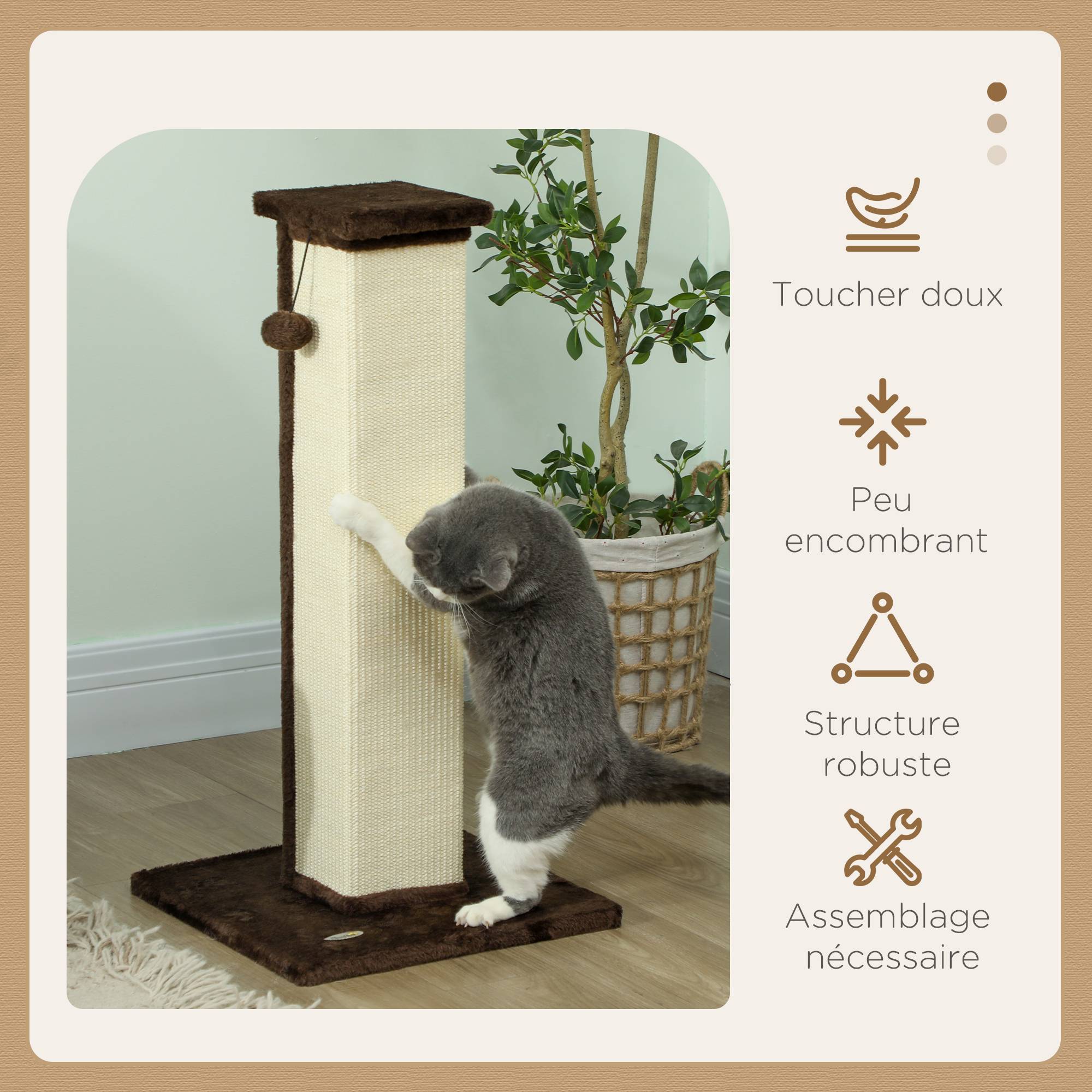 Poteau griffoir chat sisal peluche intérieur jeu aiguiser griffes 81cm marron - ComfortXL Outdoor Living - Image 6